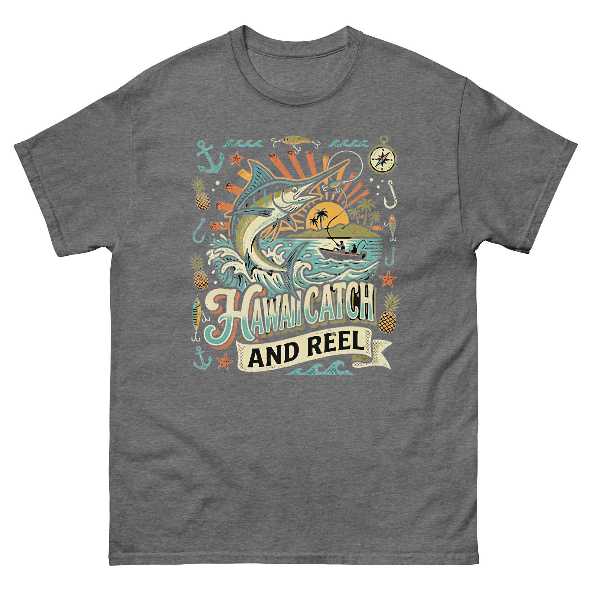 Hawaii Catch and Reel Hawaiian t-shirt design on a Graphite Heather unisex tee
