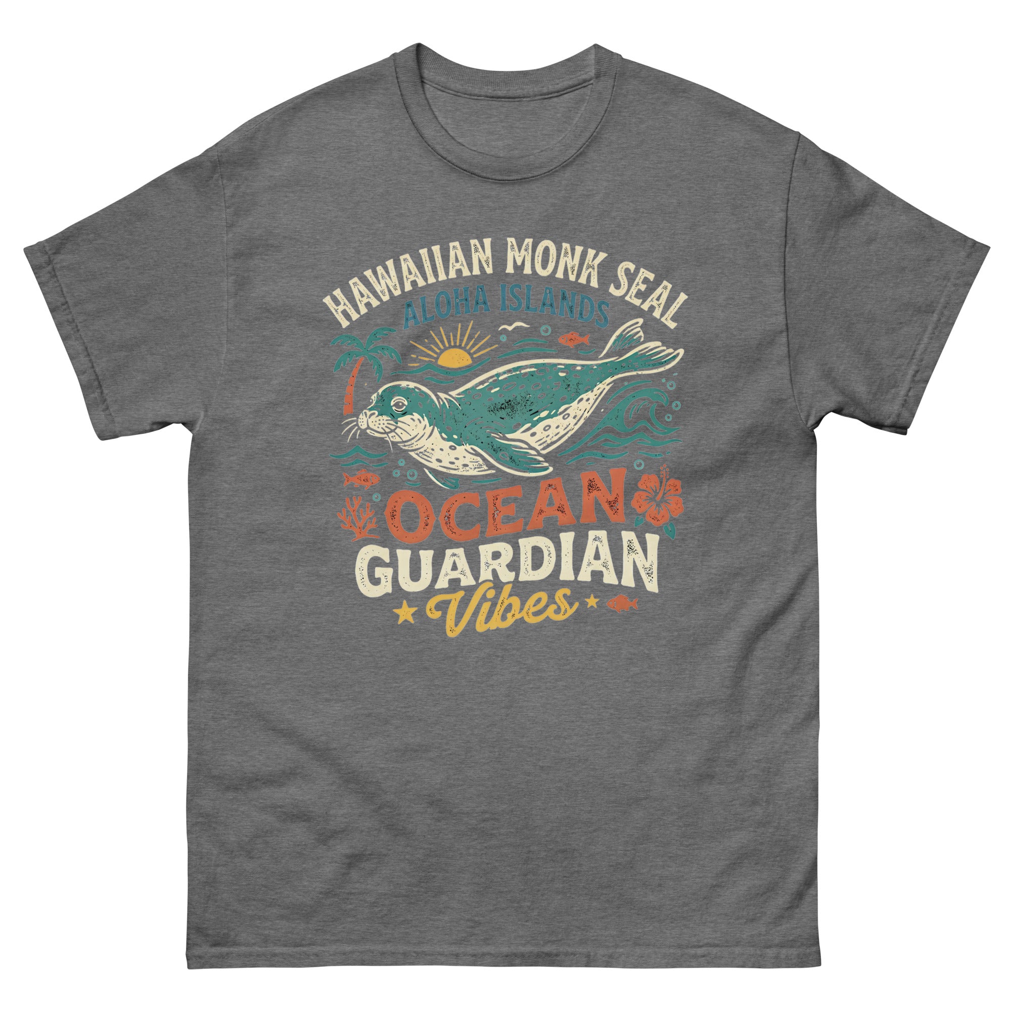 Hawaiian Monk Seal Ocean Guardian Hawaiian t-shirt design on a Graphite Heather unisex tee