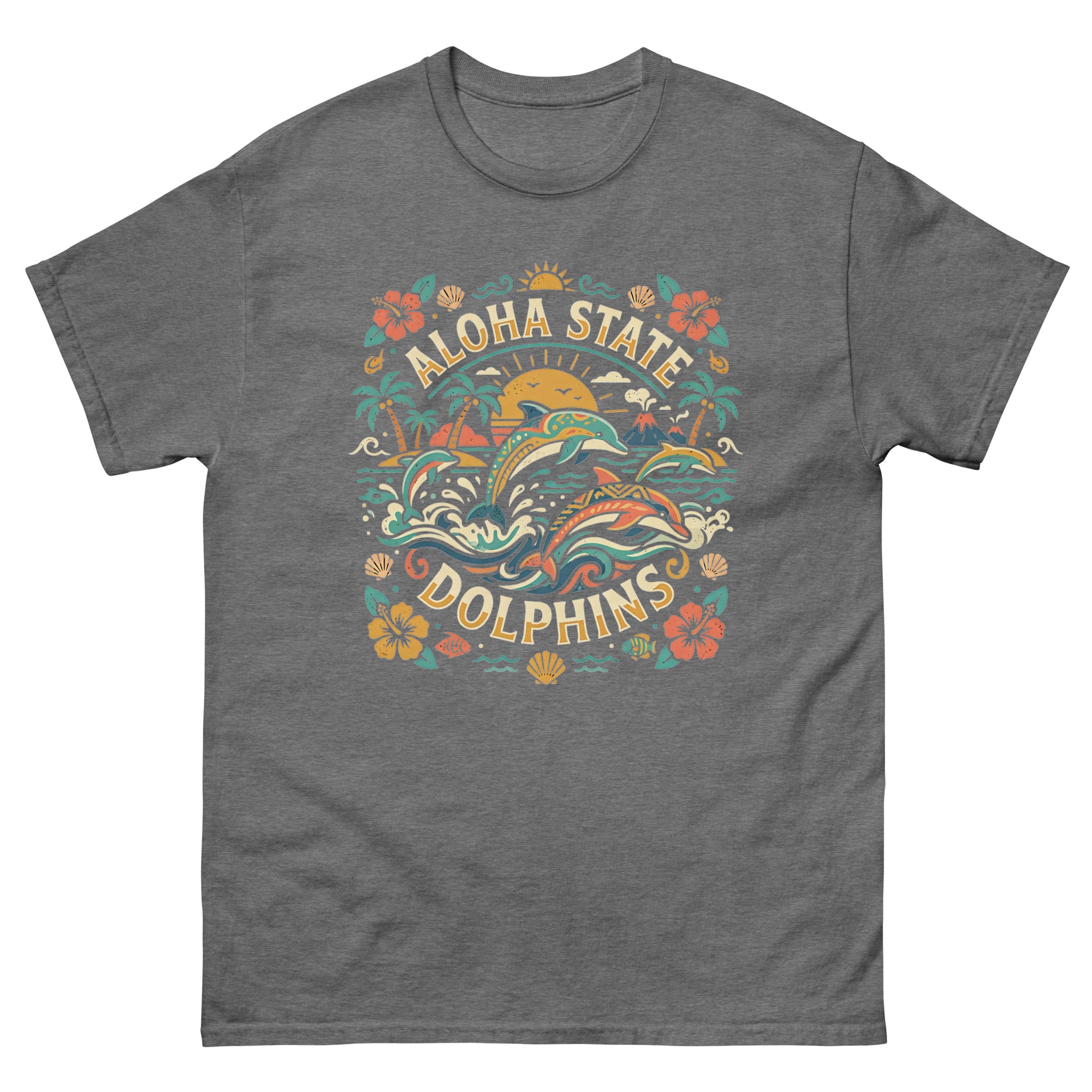 Aloha State Dolphins Hawaiian t-shirt design on a Graphite Heather unisex tee