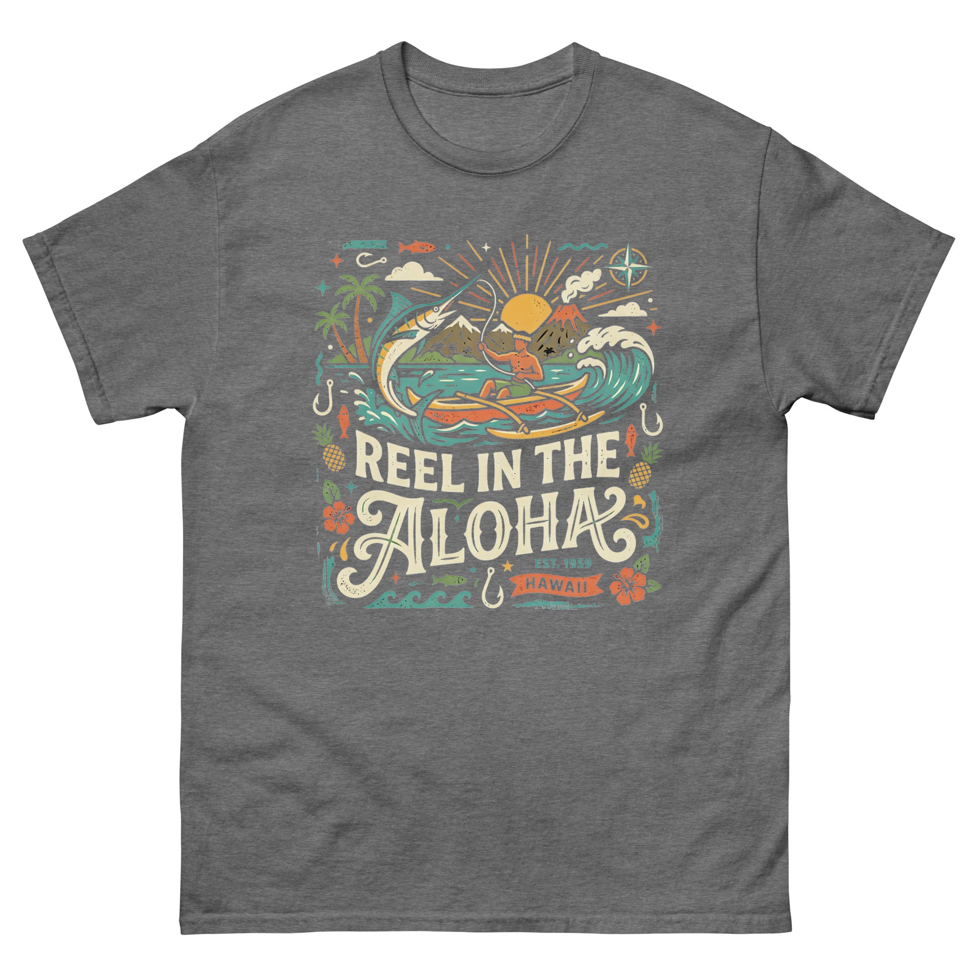 Reel in the Aloha Hawaiian t-shirt design on a Graphite Heather unisex tee