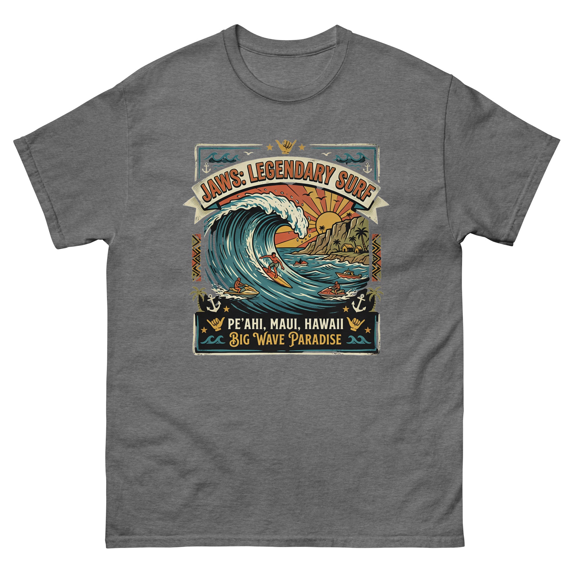 Jaws Legendary Surf Peahi Hawaiian t-shirt design on a Graphite Heather unisex tee