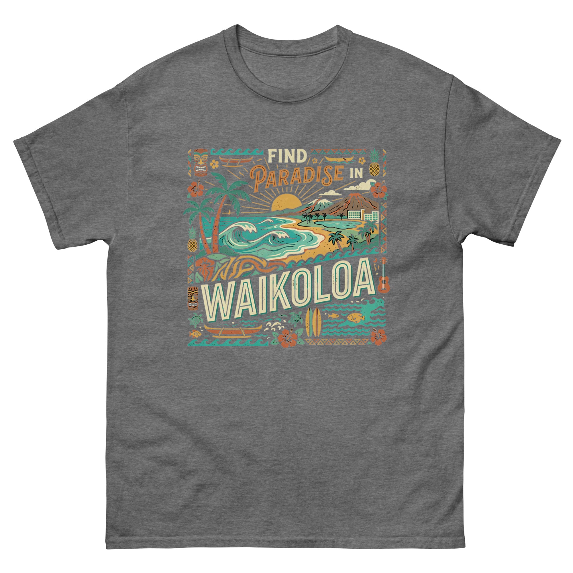 Find Paradise in Waikoloa Hawaiian t-shirt design on a Graphite Heather unisex tee