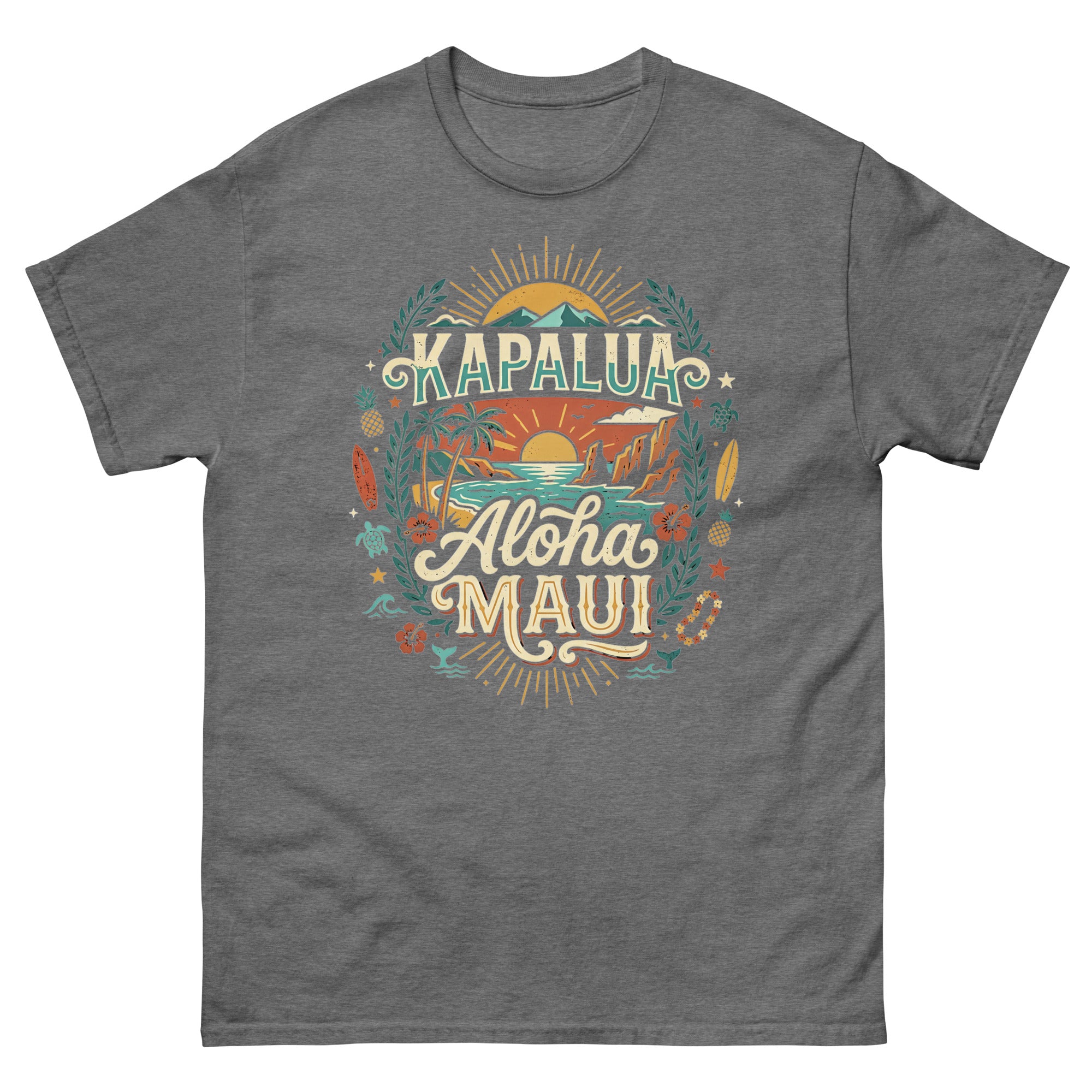 Kapalua Aloha Maui Hawaiian t-shirt design on a Graphite Heather unisex tee