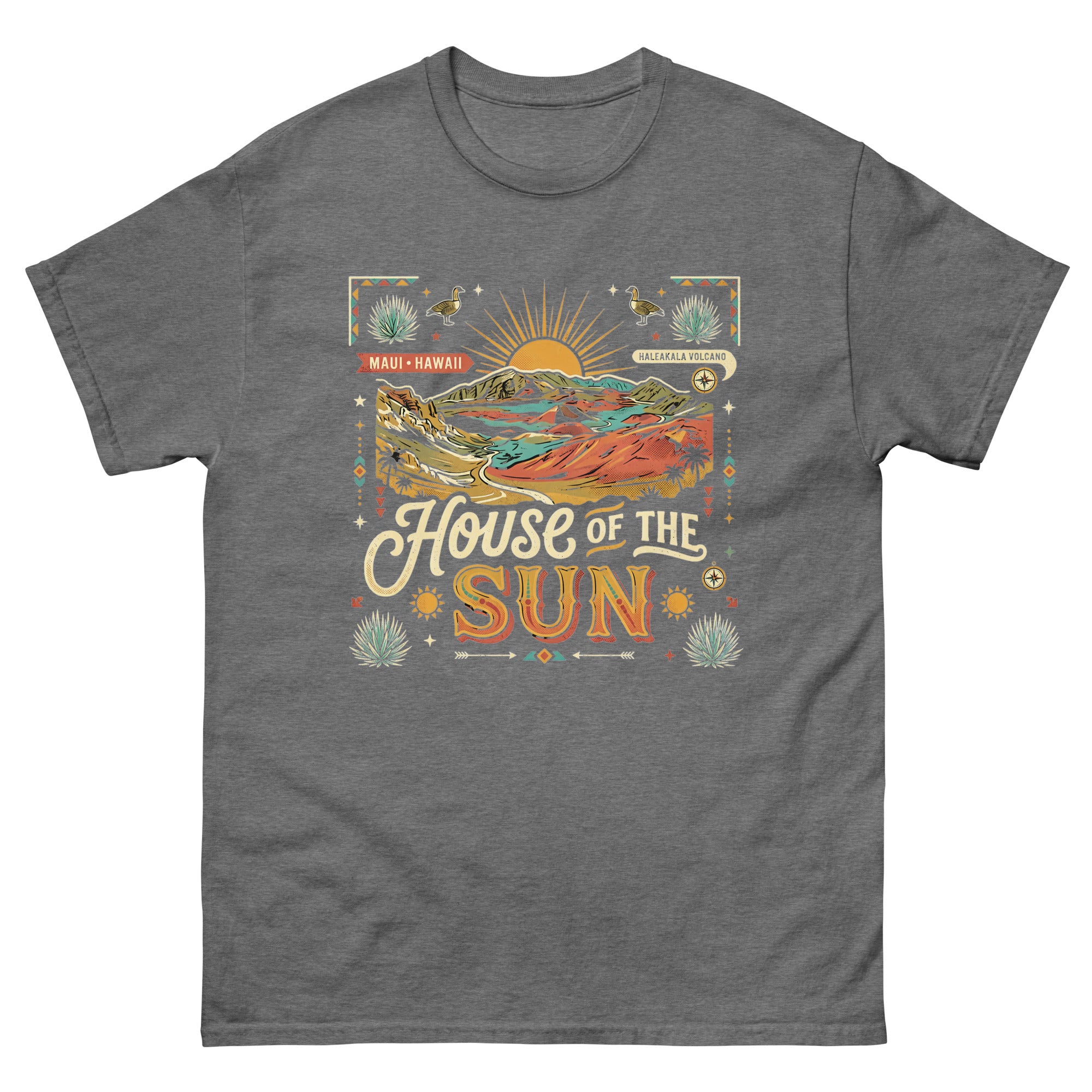 House of the Sun Haleakala Volcano Hawaiian t-shirt design on a Graphite Heather unisex tee
