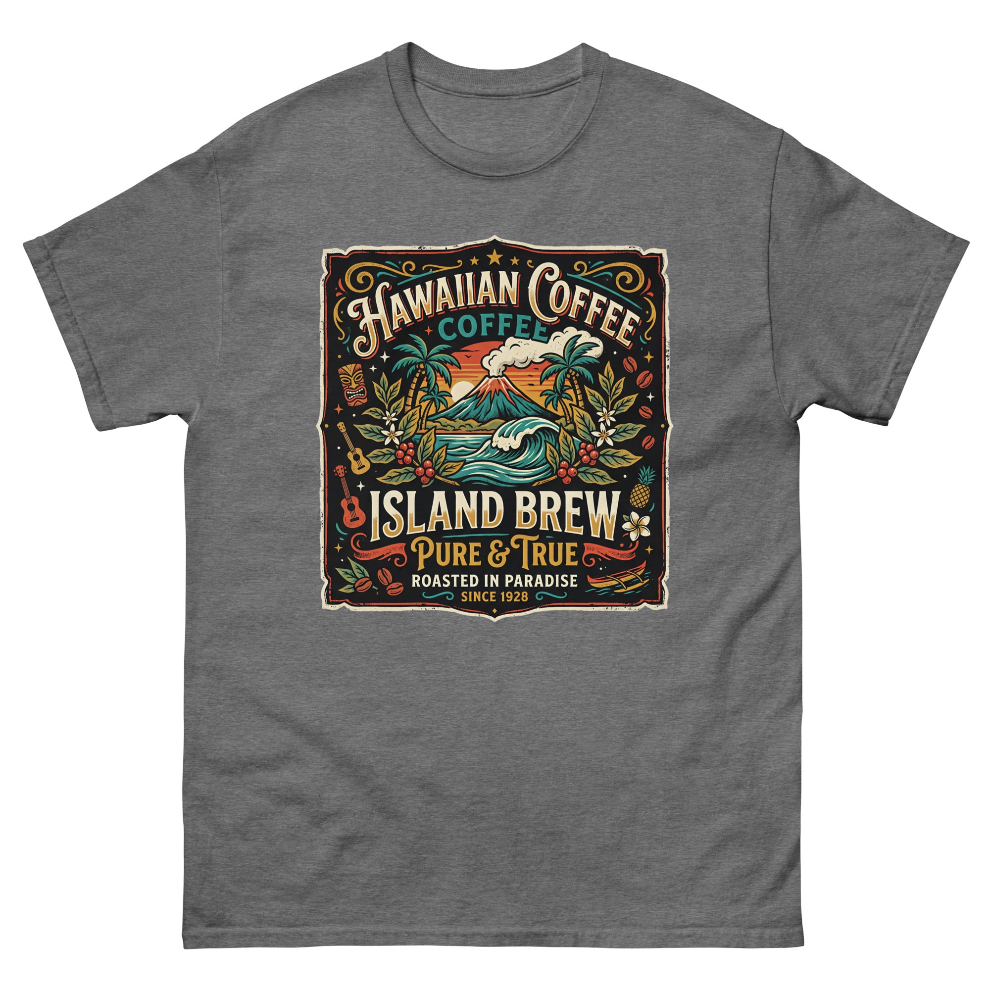 Hawaiian Coffee Island Brew Hawaiian t-shirt design on a Graphite Heather unisex tee
