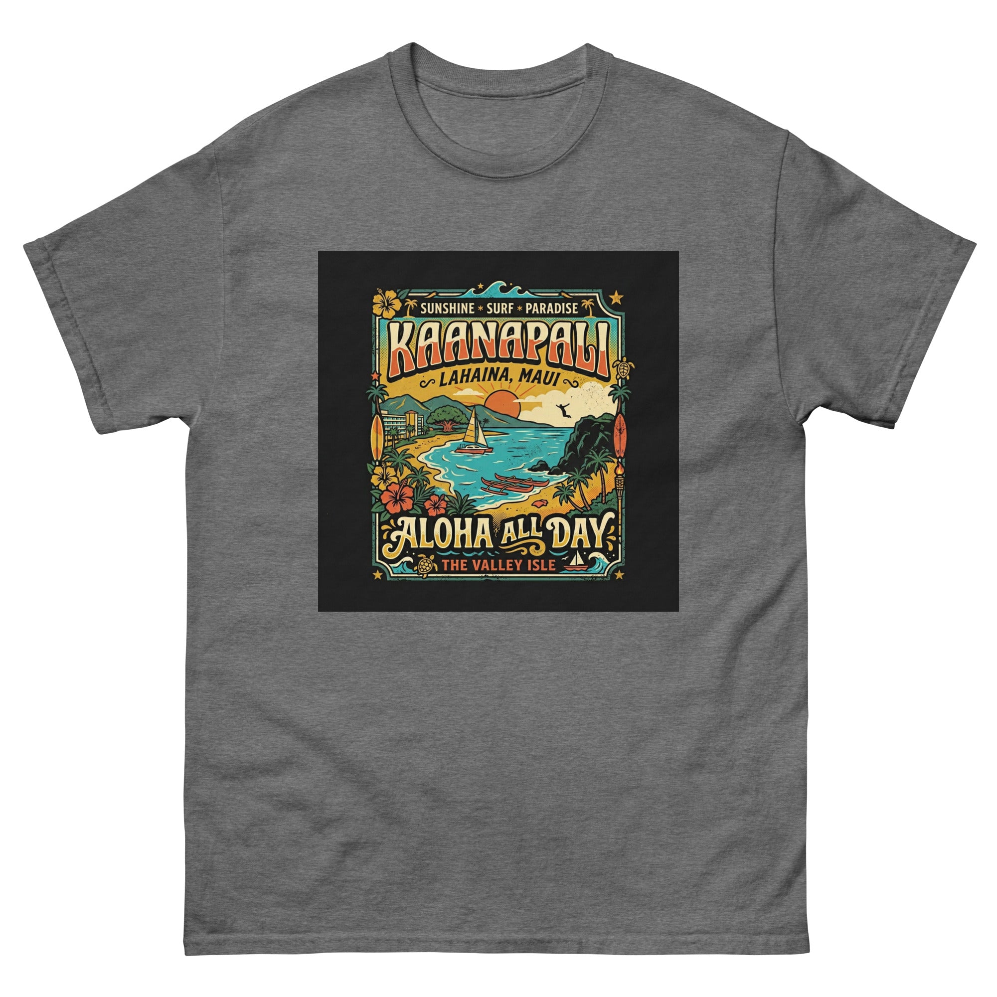 Kaanapali Lahaina Aloha All Day v2 Hawaiian t-shirt design on a Graphite Heather unisex tee