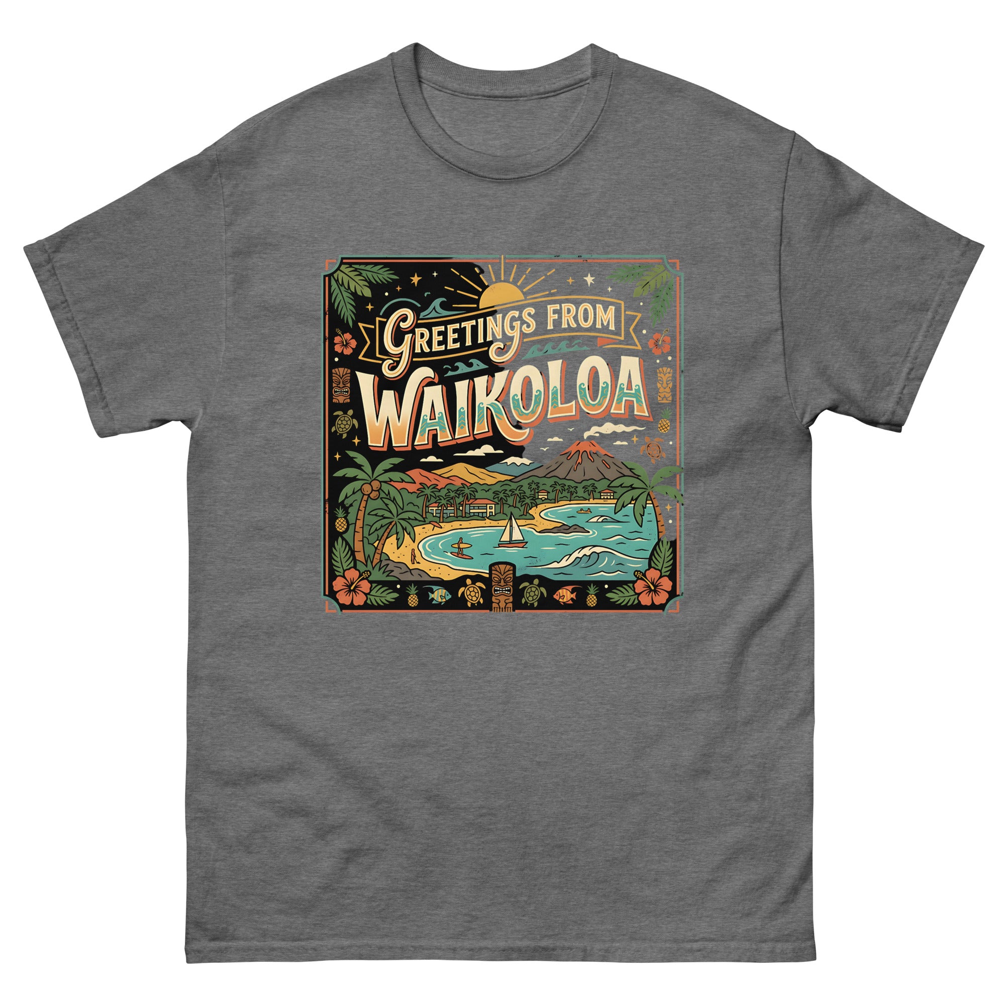 Greetings from Waikoloa Hawaiian t-shirt design on a Graphite Heather unisex tee