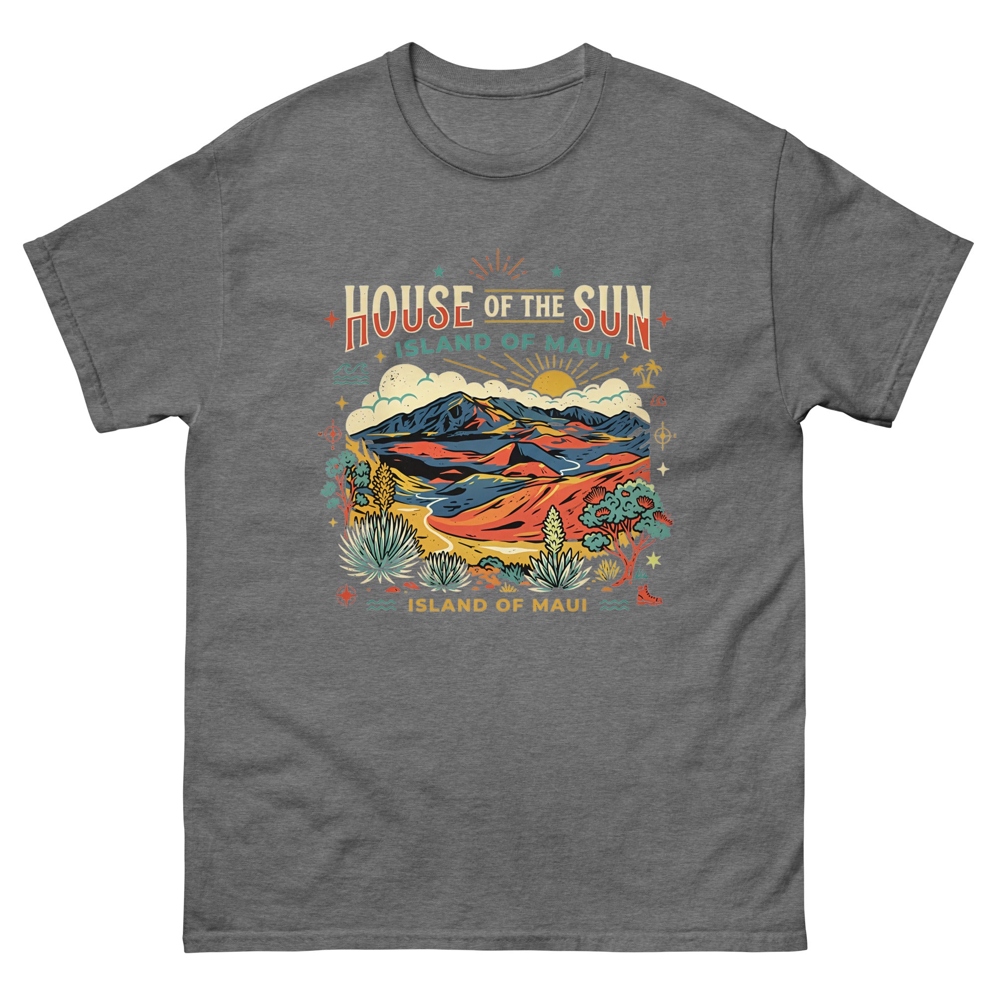 House of the Sun Island of Maui Hawaiian t-shirt design on a Graphite Heather unisex tee