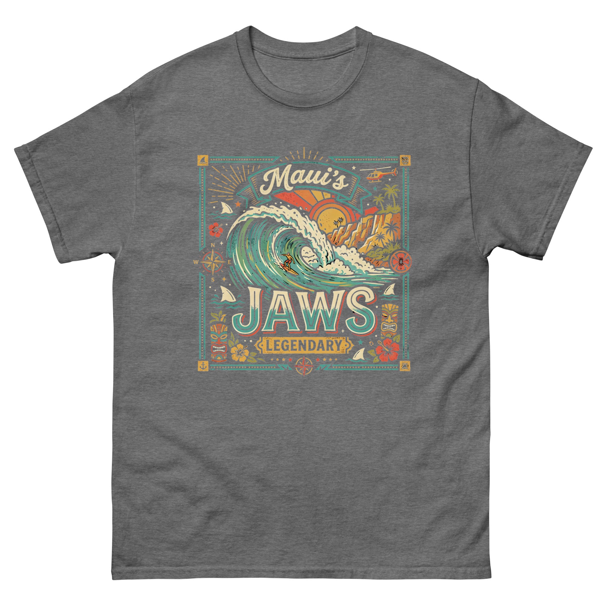 Mauis Jaws Legendary Hawaiian t-shirt design on a Graphite Heather unisex tee