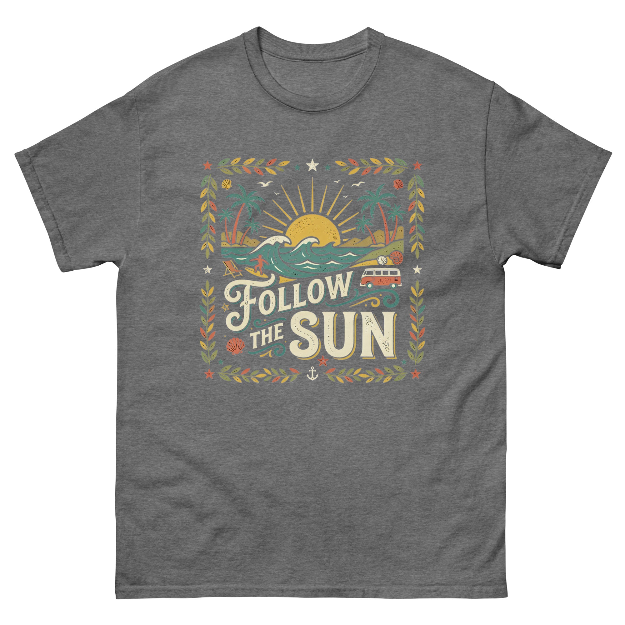 Chasing the Sun v2 Hawaiian t-shirt design on a Graphite Heather unisex tee