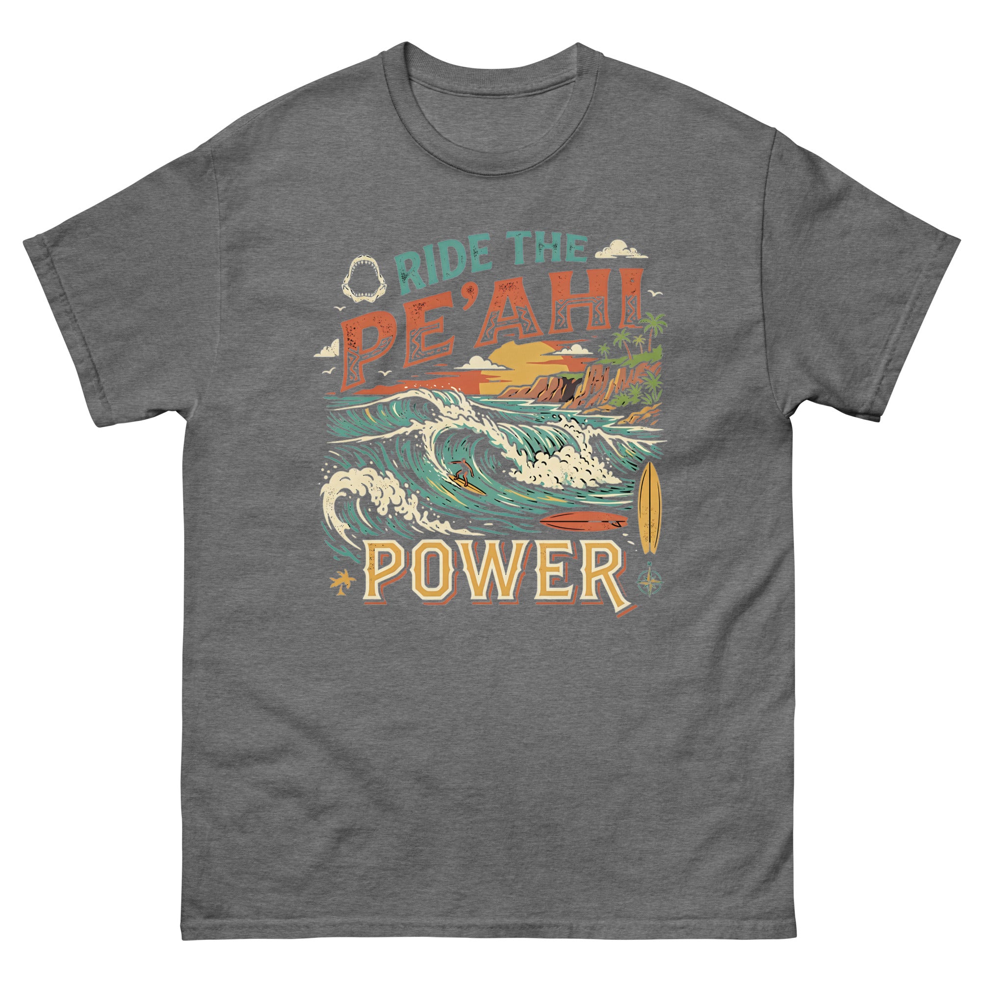 Ride the Peahi Power Hawaiian t-shirt design on a Graphite Heather unisex tee