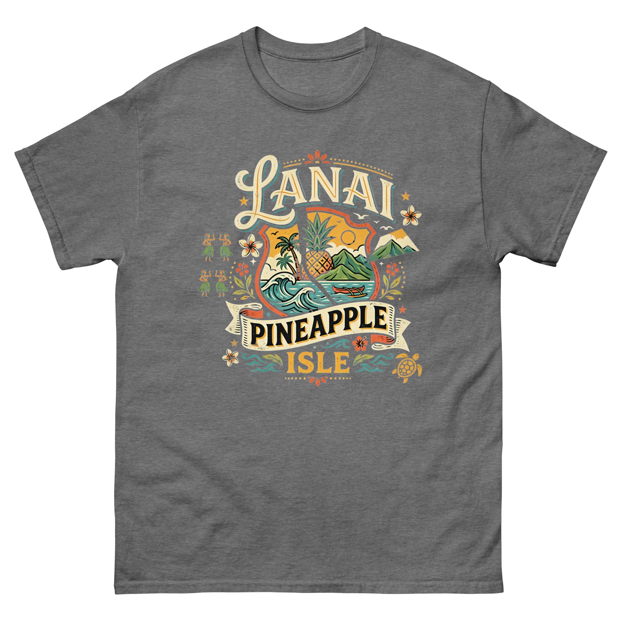 Lanai Pineapple Isle Hawaiian t-shirt design on a Graphite Heather unisex tee