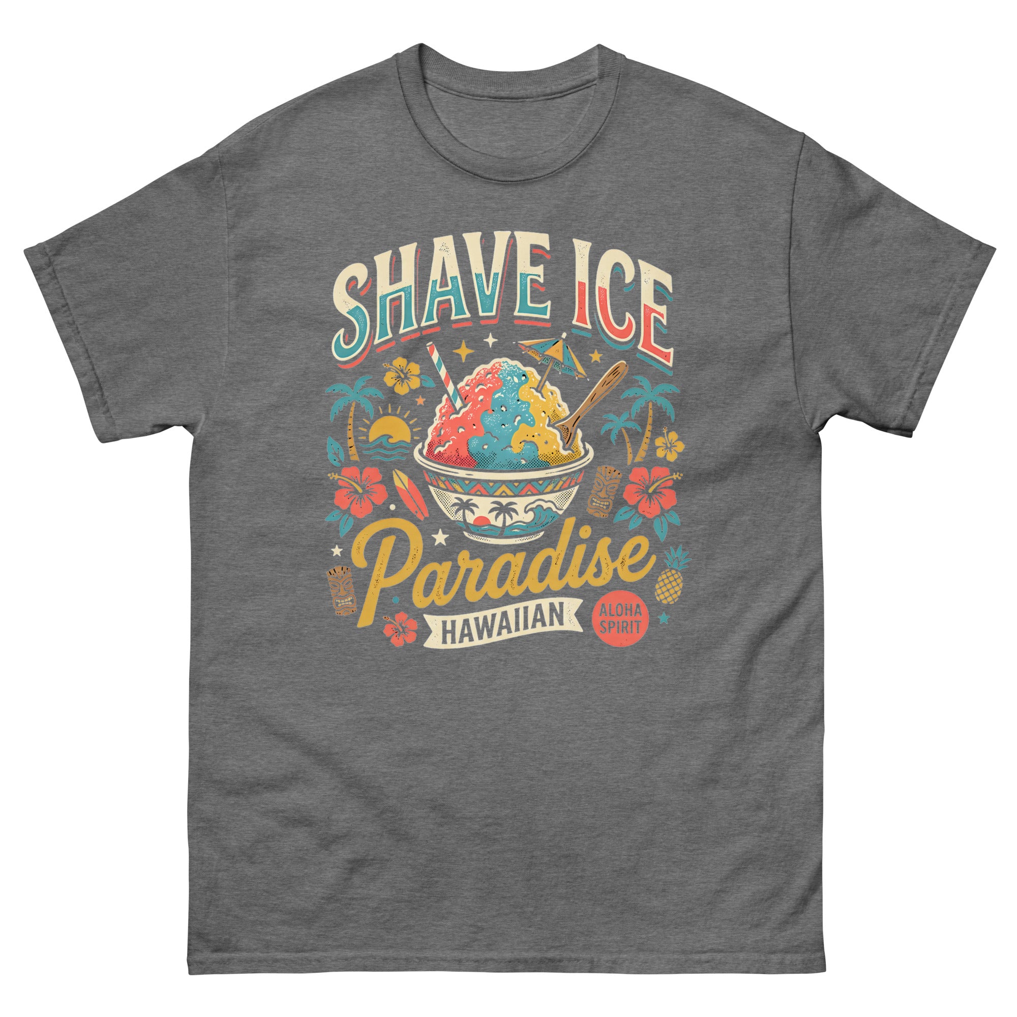 Shave Ice Paradise Hawaiian Aloha Spirit Hawaiian t-shirt design on a Graphite Heather unisex tee