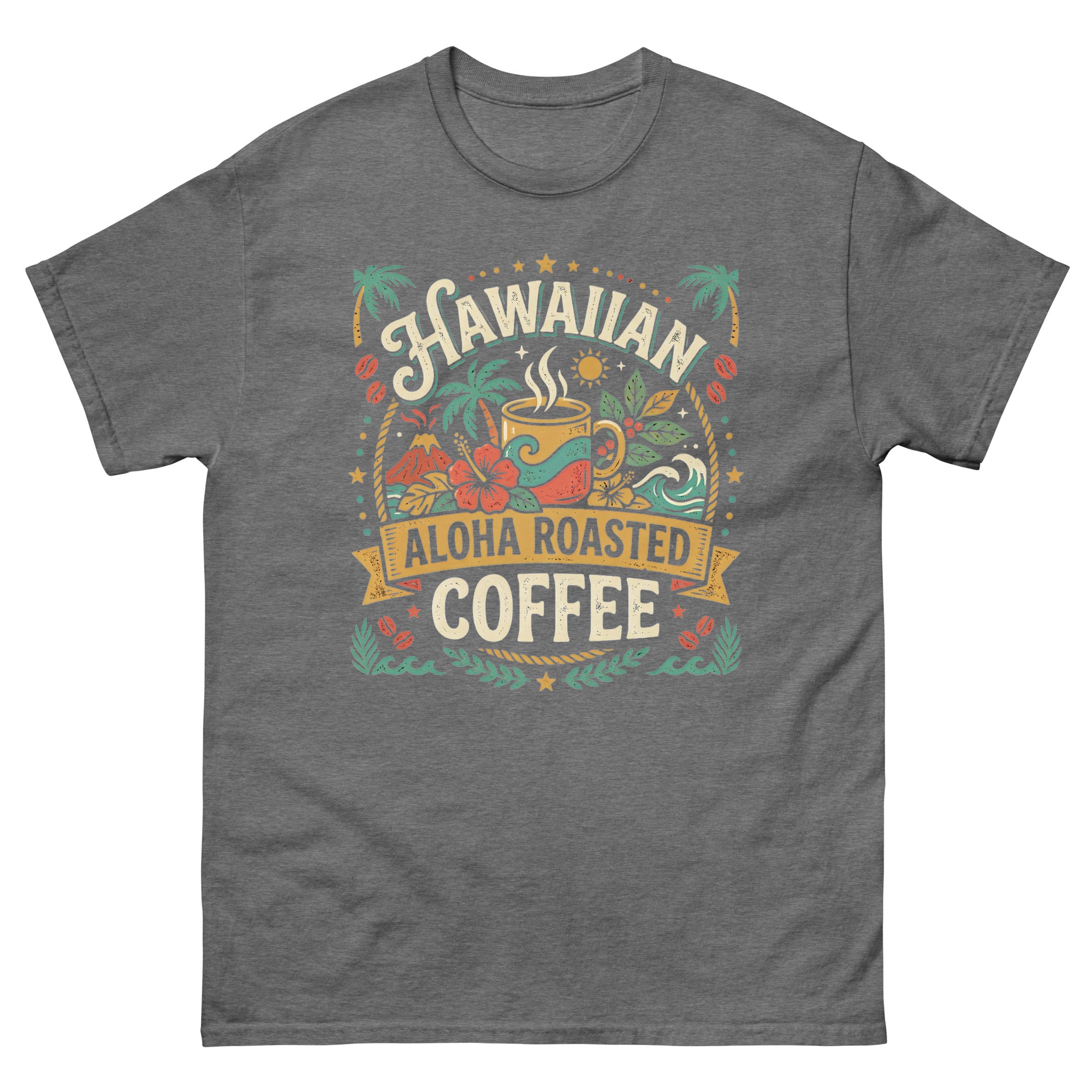 Hawaiian Aloha Roasted Coffee Hawaiian t-shirt design on a Graphite Heather unisex tee