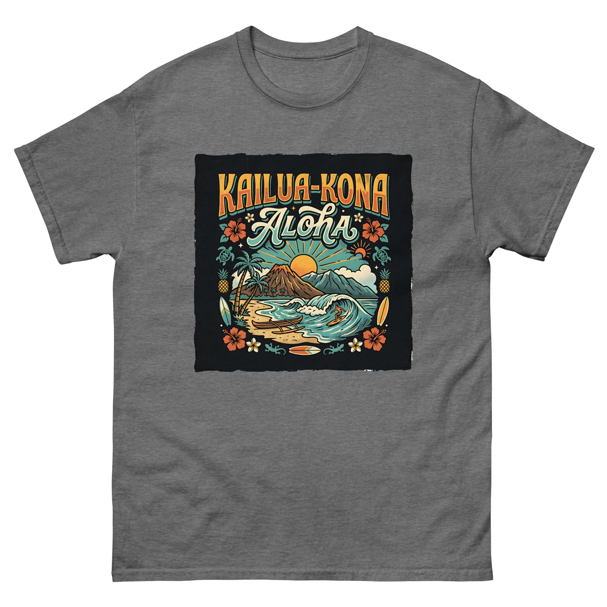 Kailua Kona Aloha Hawaiian t-shirt design on a Graphite Heather unisex tee