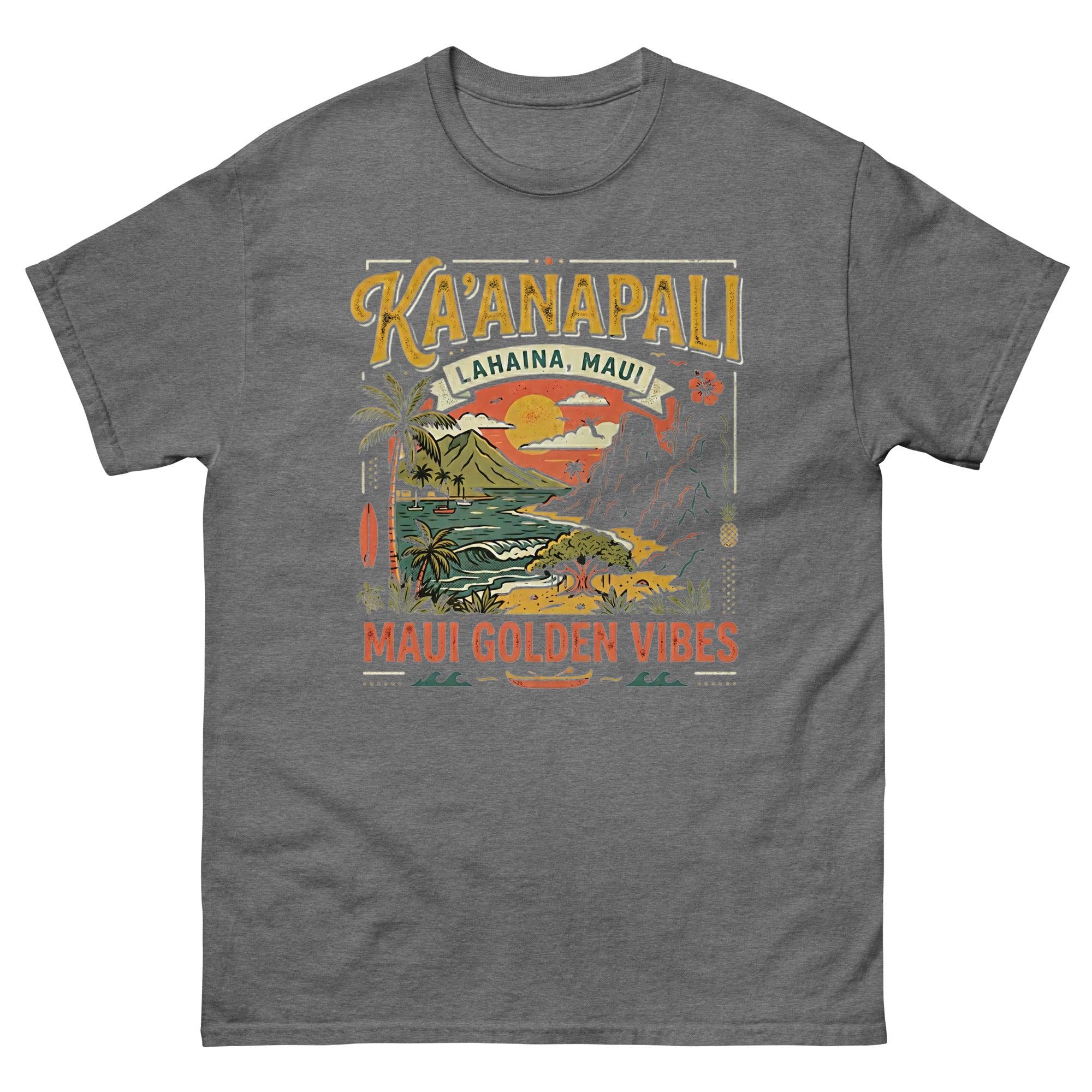 Kaanapali Lahaina Maui Golden Vibes v1 Hawaiian t-shirt design on a Graphite Heather unisex tee