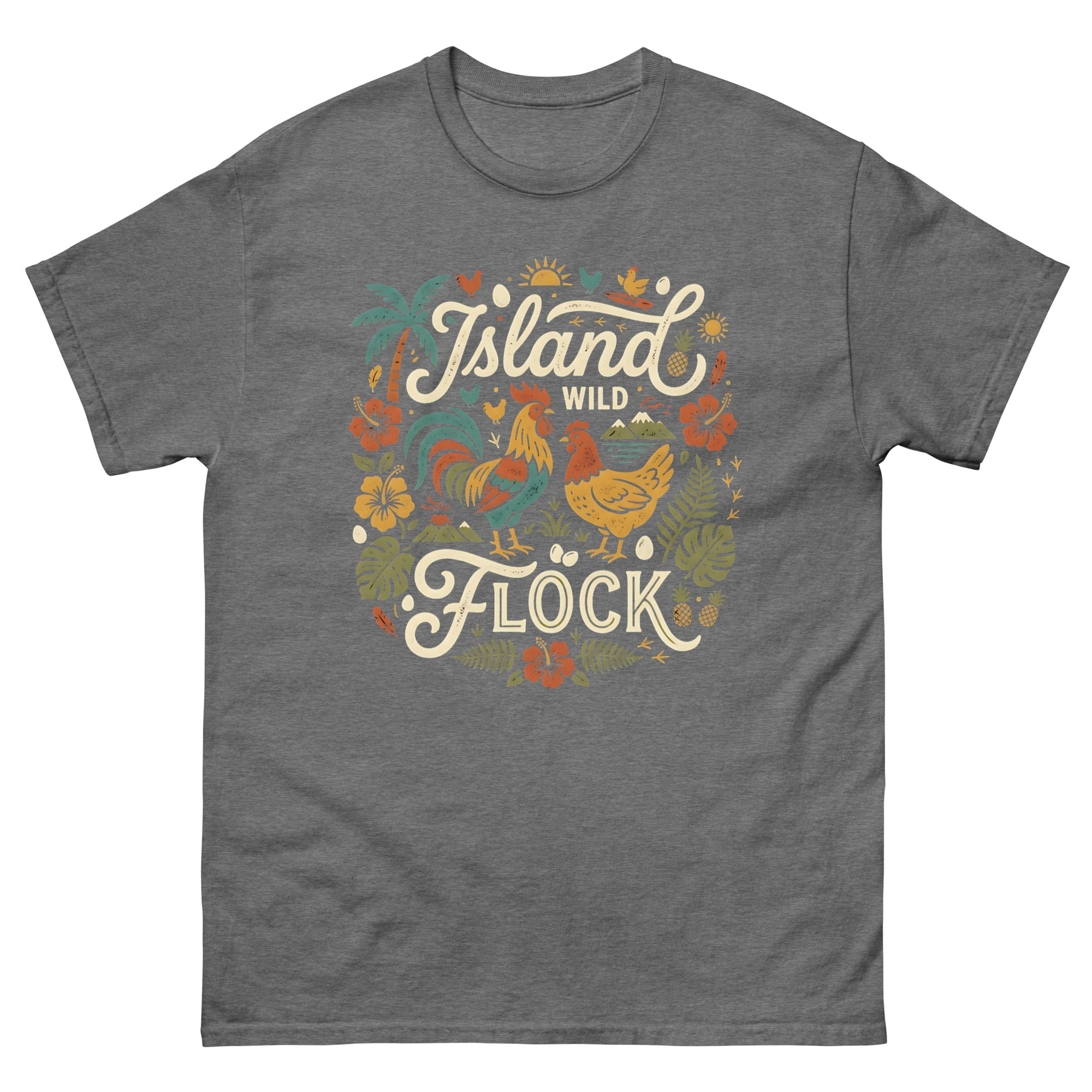 Island Wild Flock Hawaiian t-shirt design on a Graphite Heather unisex tee