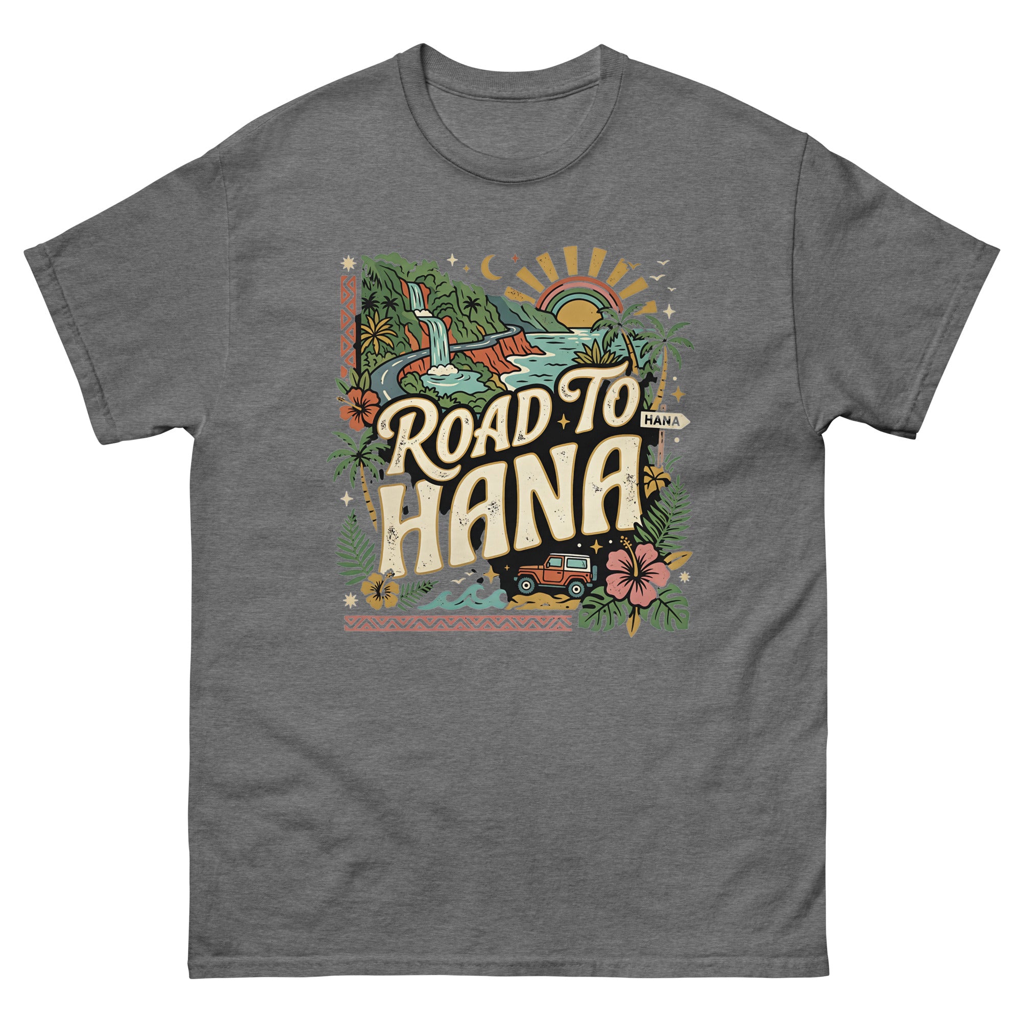 Road to Hana Jeep Hawaiian t-shirt design on a Graphite Heather unisex tee