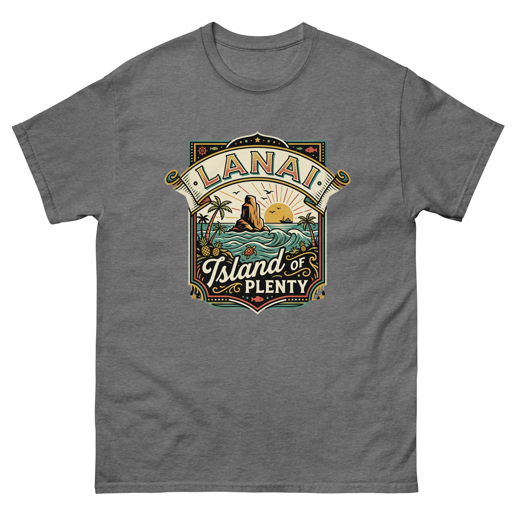 Lanai Island of Plenty Hawaiian t-shirt design on a Graphite Heather unisex tee