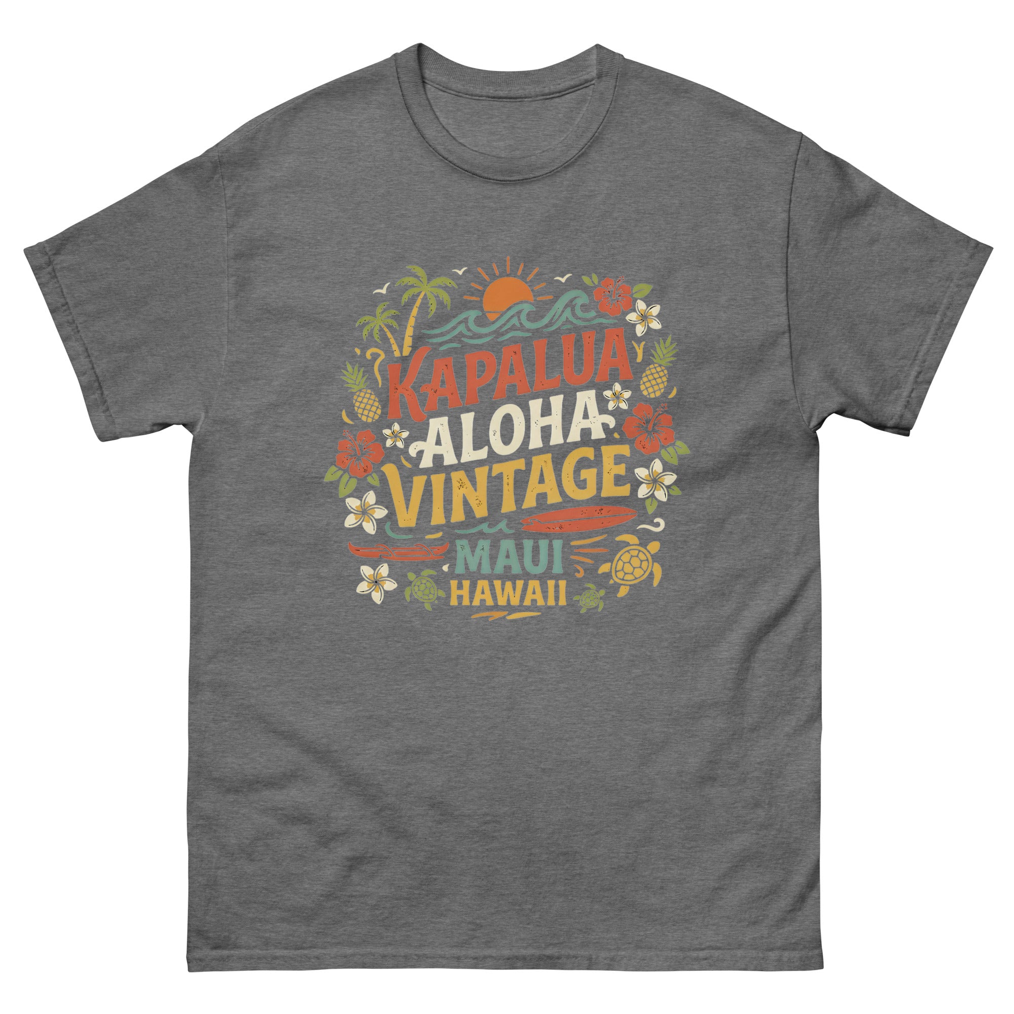 Kapalua Aloha Vintage Maui Hawaiian t-shirt design on a Graphite Heather unisex tee