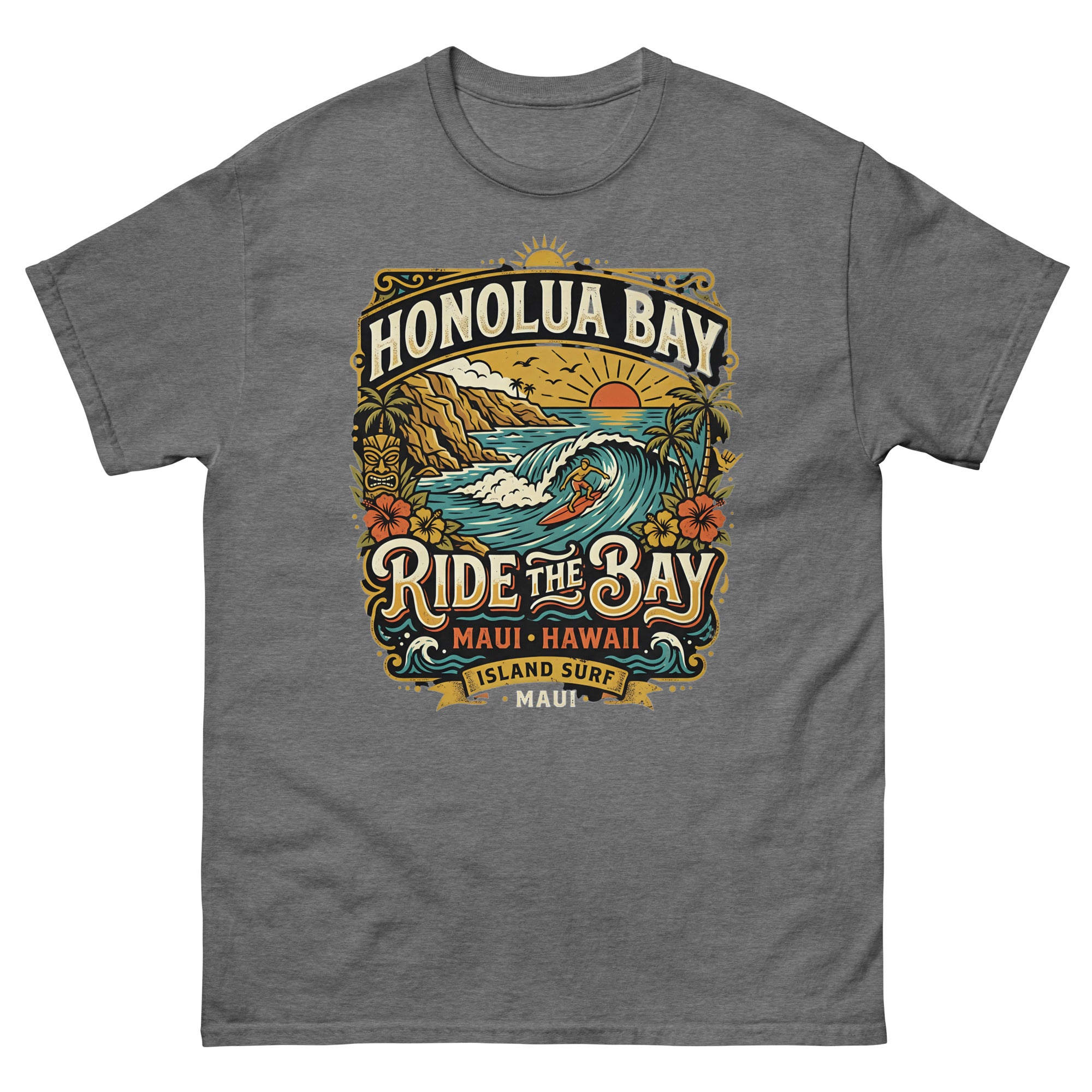 Honolua Bay Ride the Bay Hawaiian t-shirt design on a Graphite Heather unisex tee