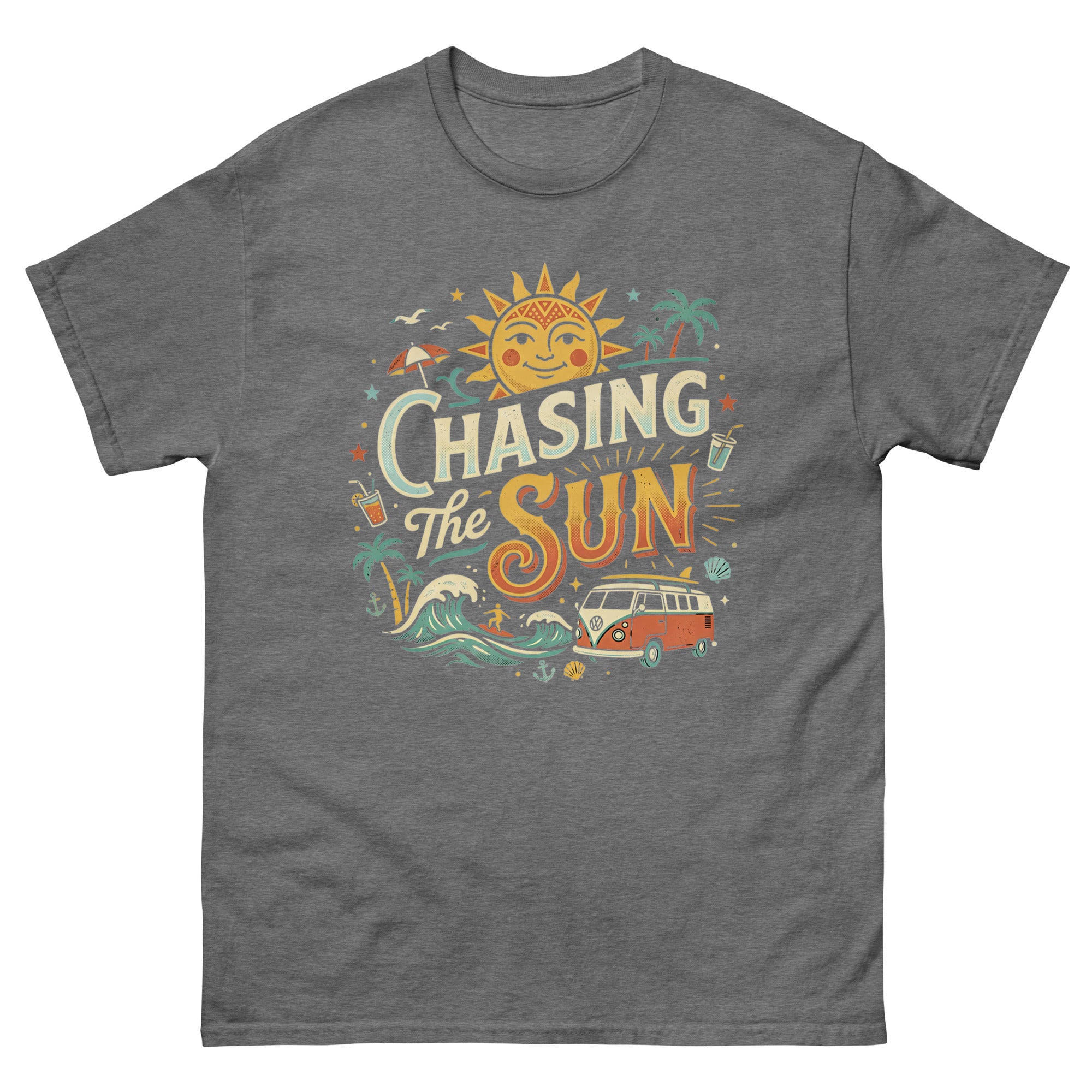 Chasing the Sun v1 Hawaiian t-shirt design on a Graphite Heather unisex tee