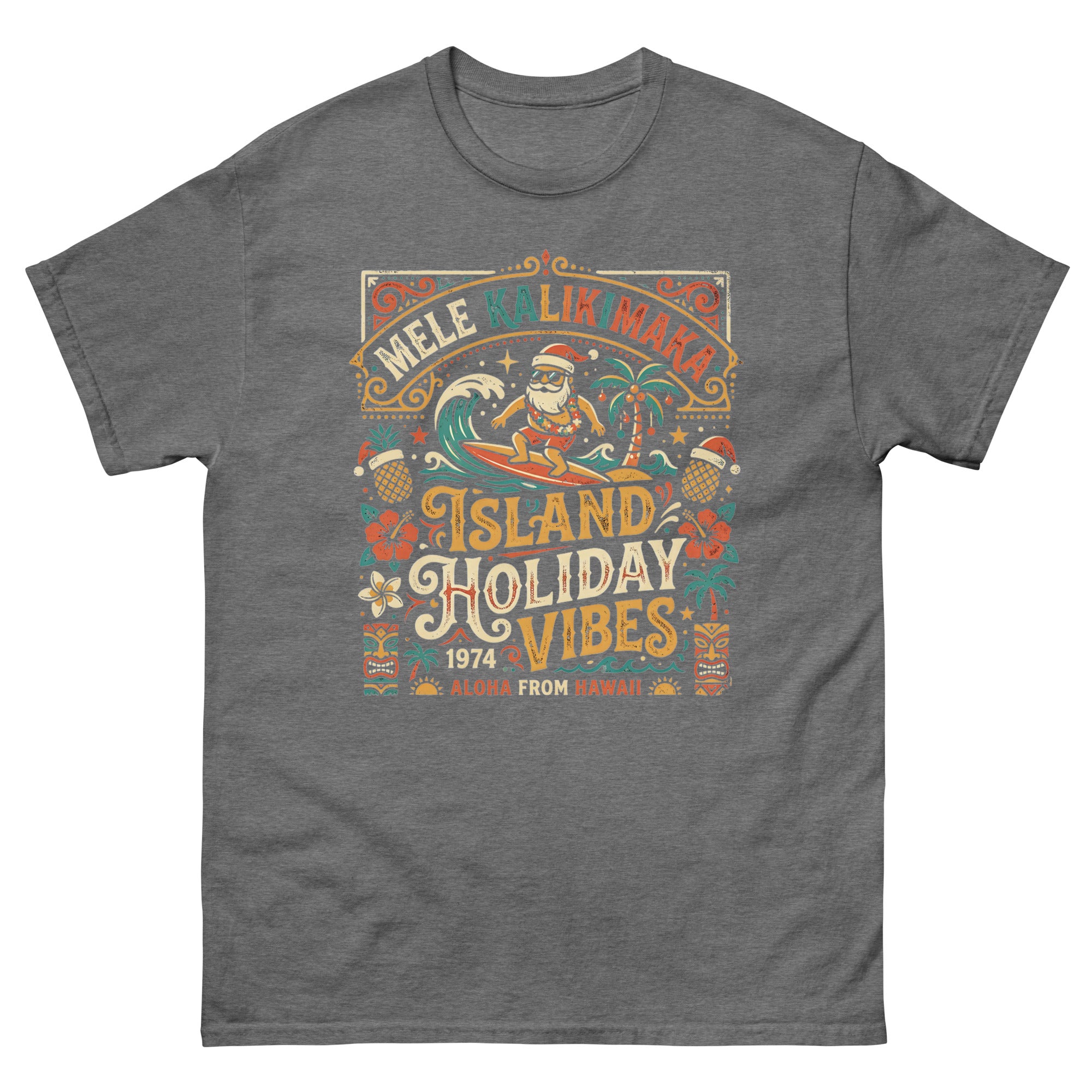 Mele Kalikimaka Island Holiday Vibes Hawaiian t-shirt design on a Graphite Heather unisex tee