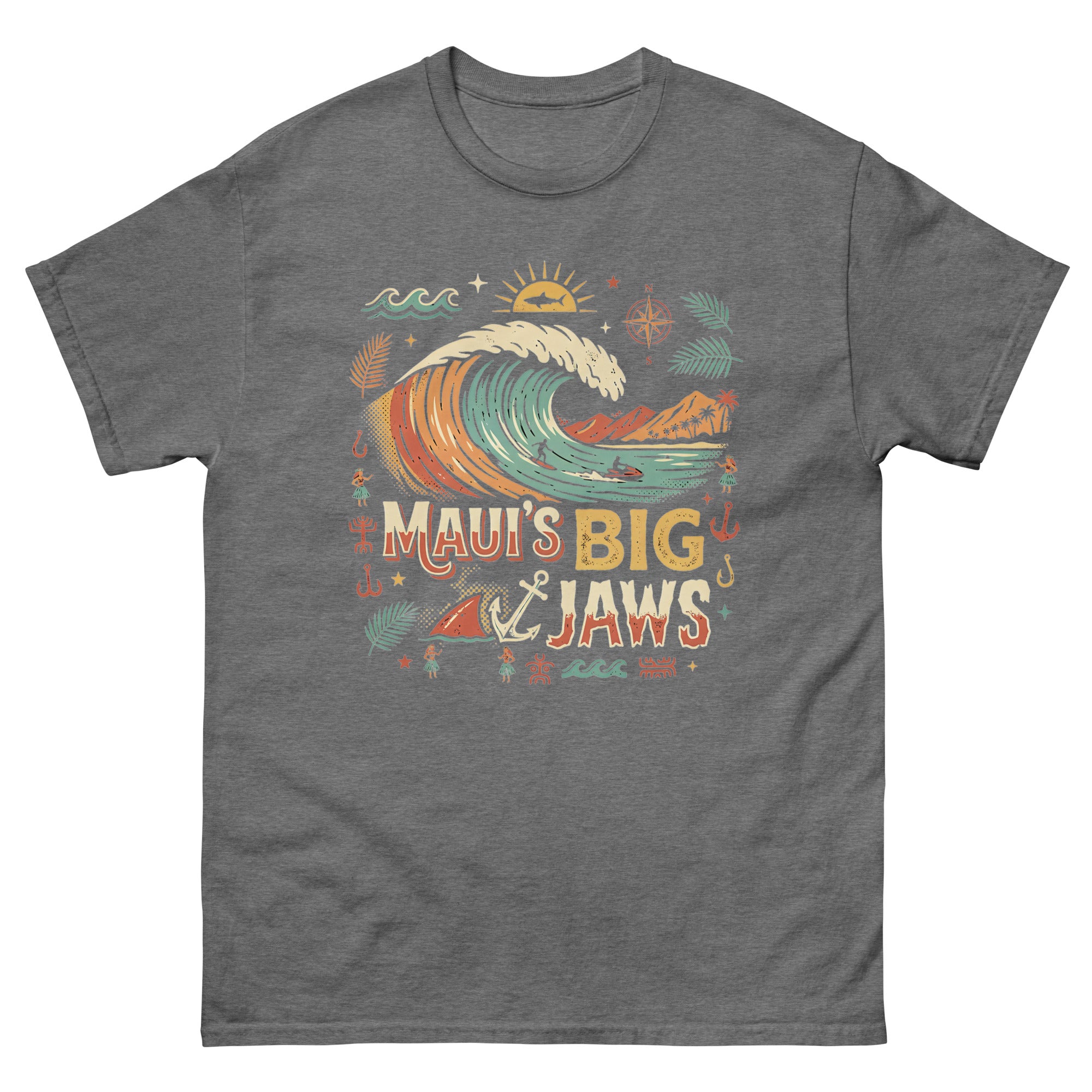 Mauis Big Jaws Hawaiian t-shirt design on a Graphite Heather unisex tee