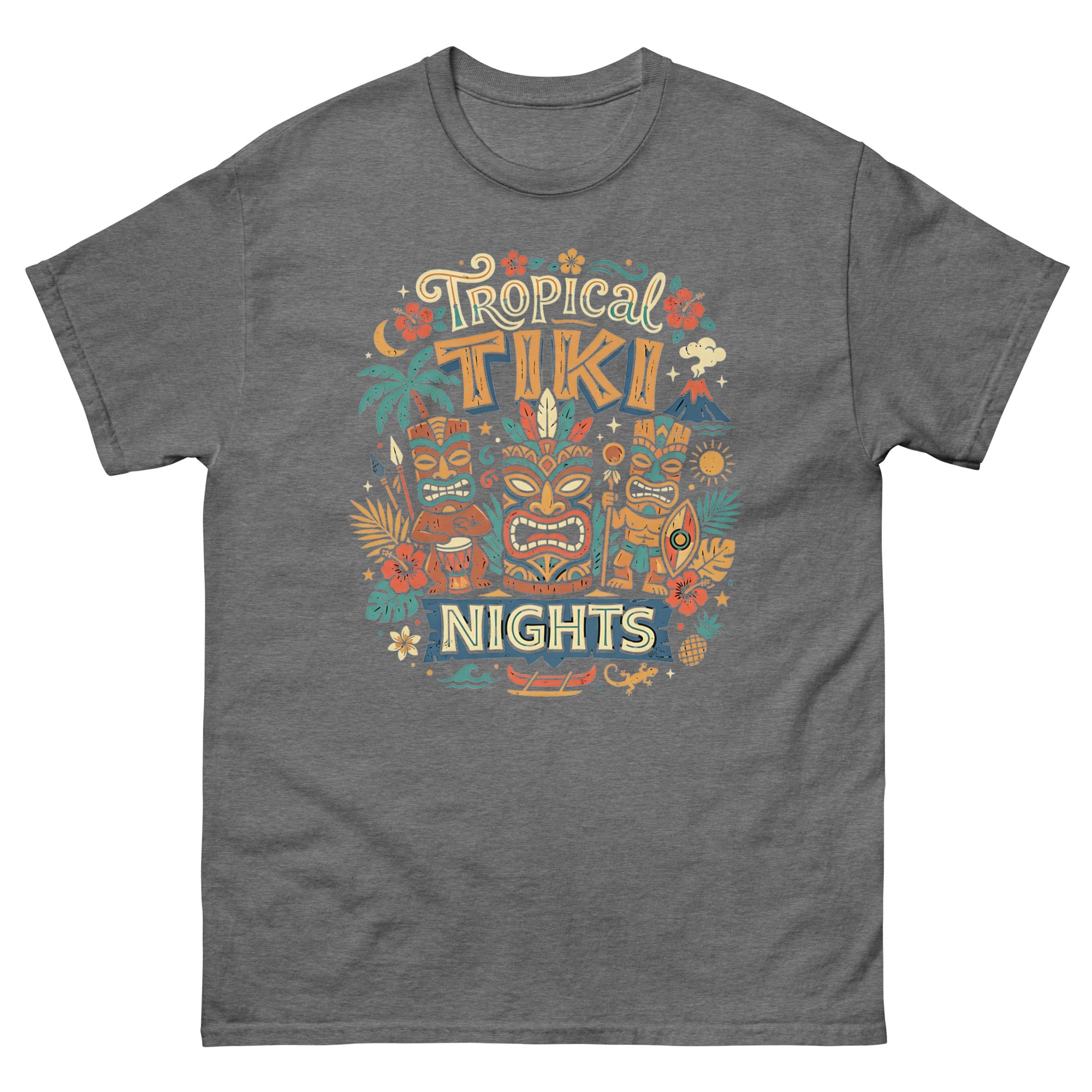 Tropical Tiki Nights v1 Hawaiian t-shirt design on a Graphite Heather unisex tee