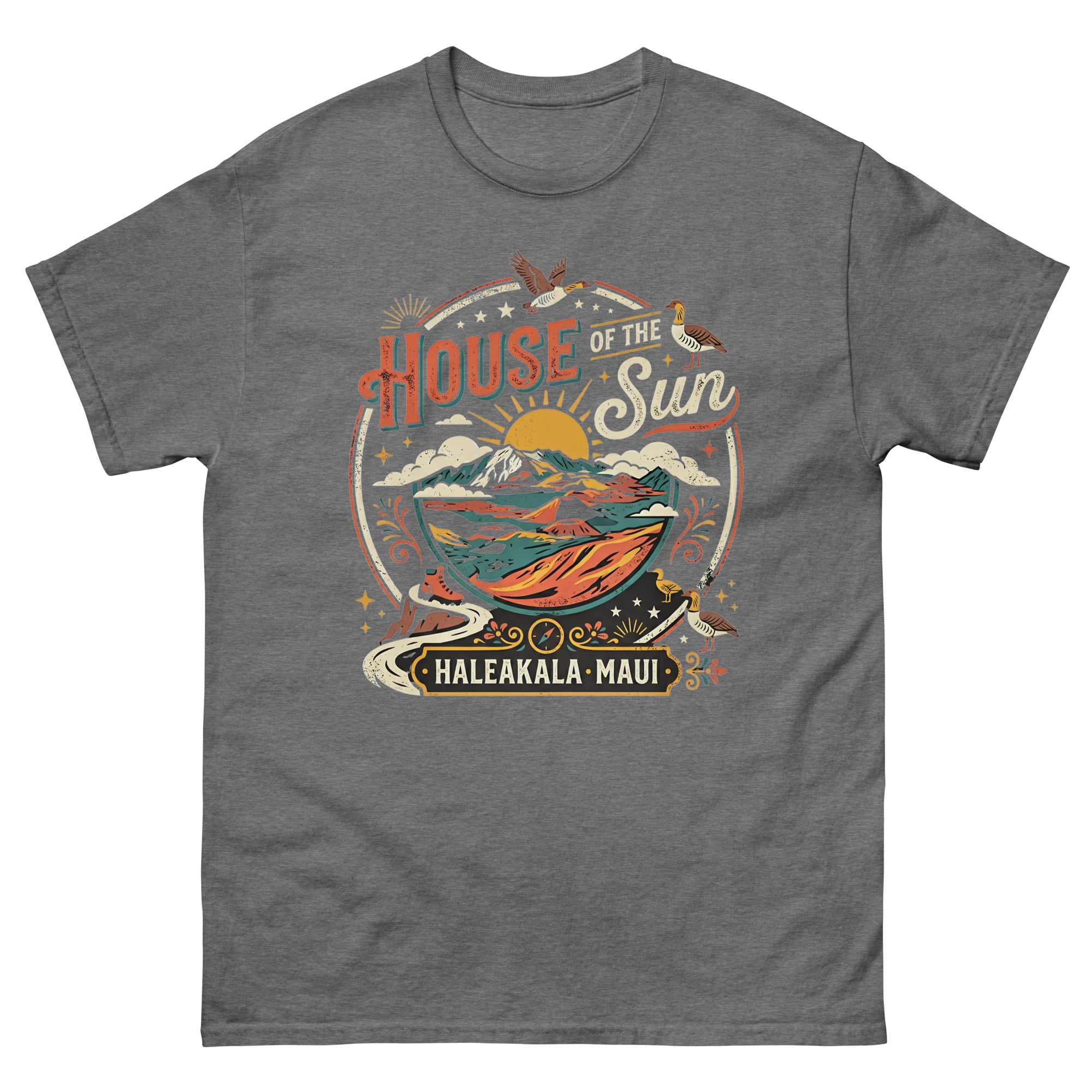House of the Sun Haleakala Maui Hawaiian t-shirt design on a Graphite Heather unisex tee