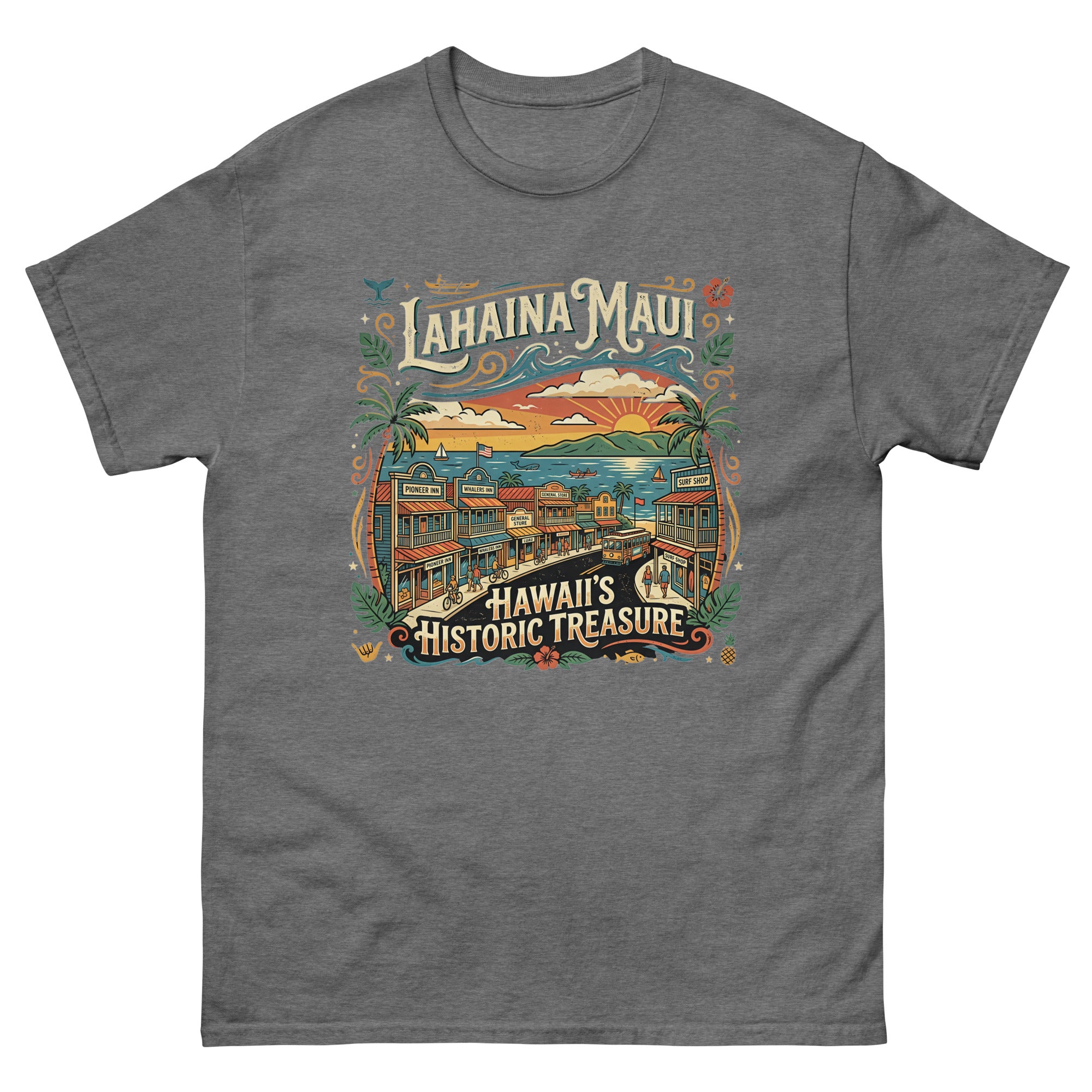 Lahaina Maui Historic Treasure Hawaiian t-shirt design on a Graphite Heather unisex tee
