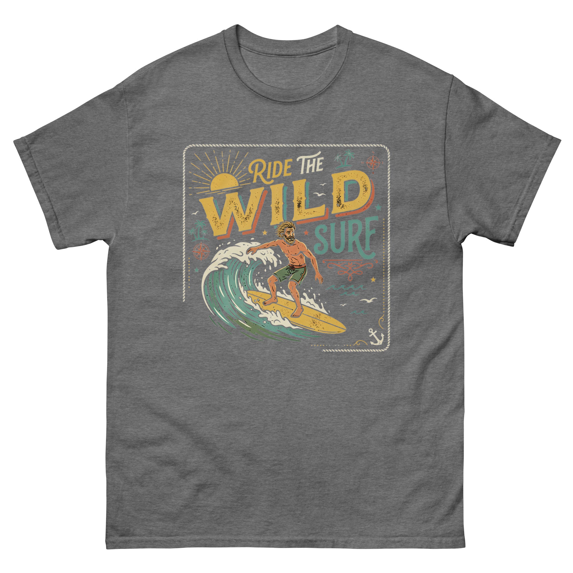 Ride the Wild Surf Hawaiian t-shirt design on a Graphite Heather unisex tee