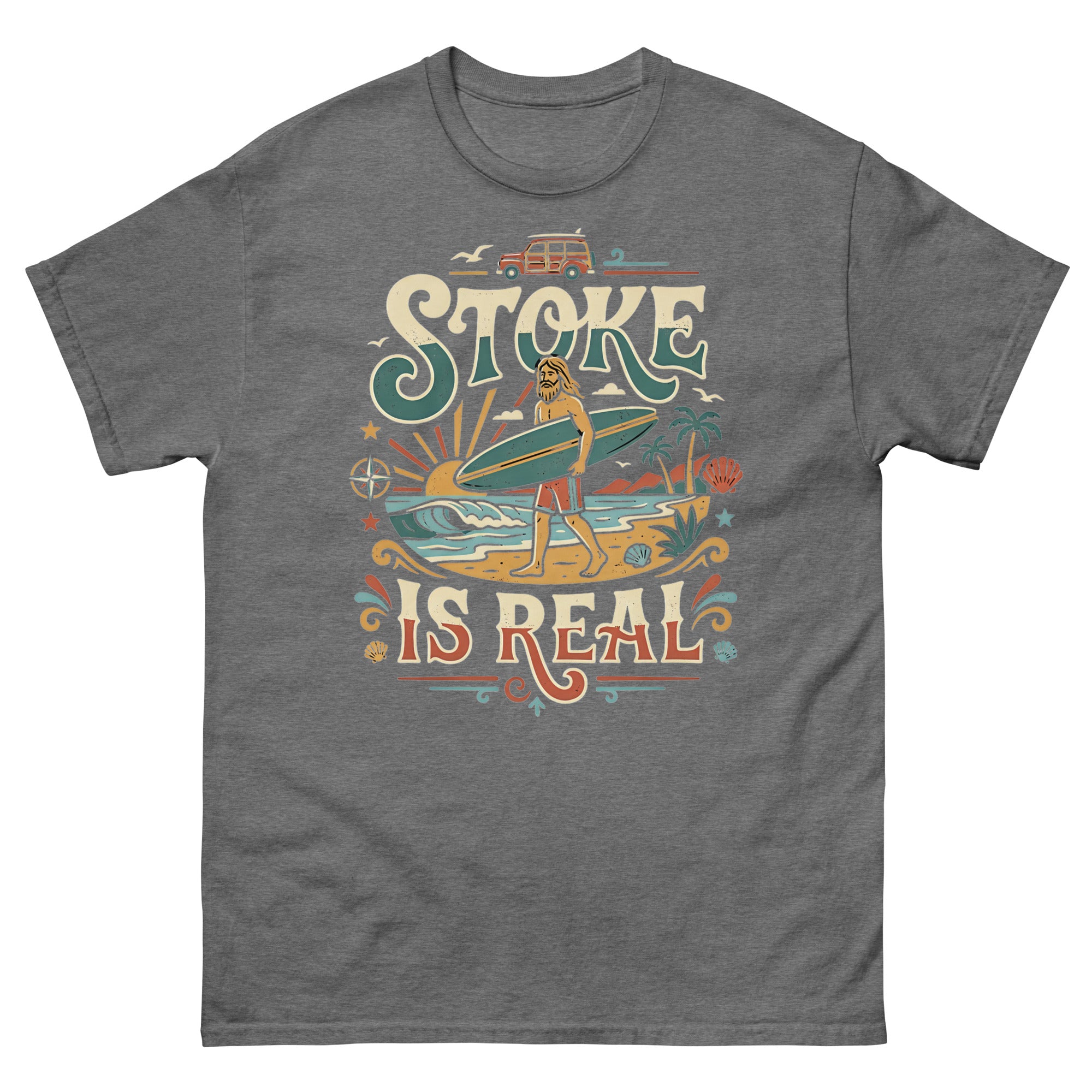 Stoke Is Real v3 Hawaiian t-shirt design on a Graphite Heather unisex tee