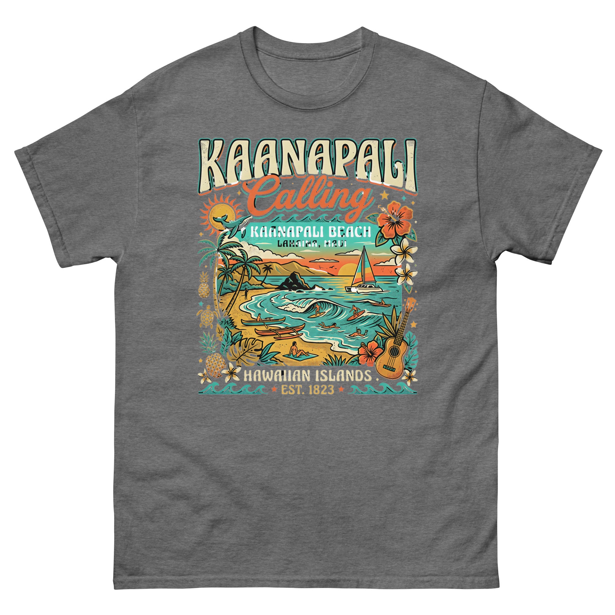 Kaanapali Calling Hawaiian t-shirt design on a Graphite Heather unisex tee