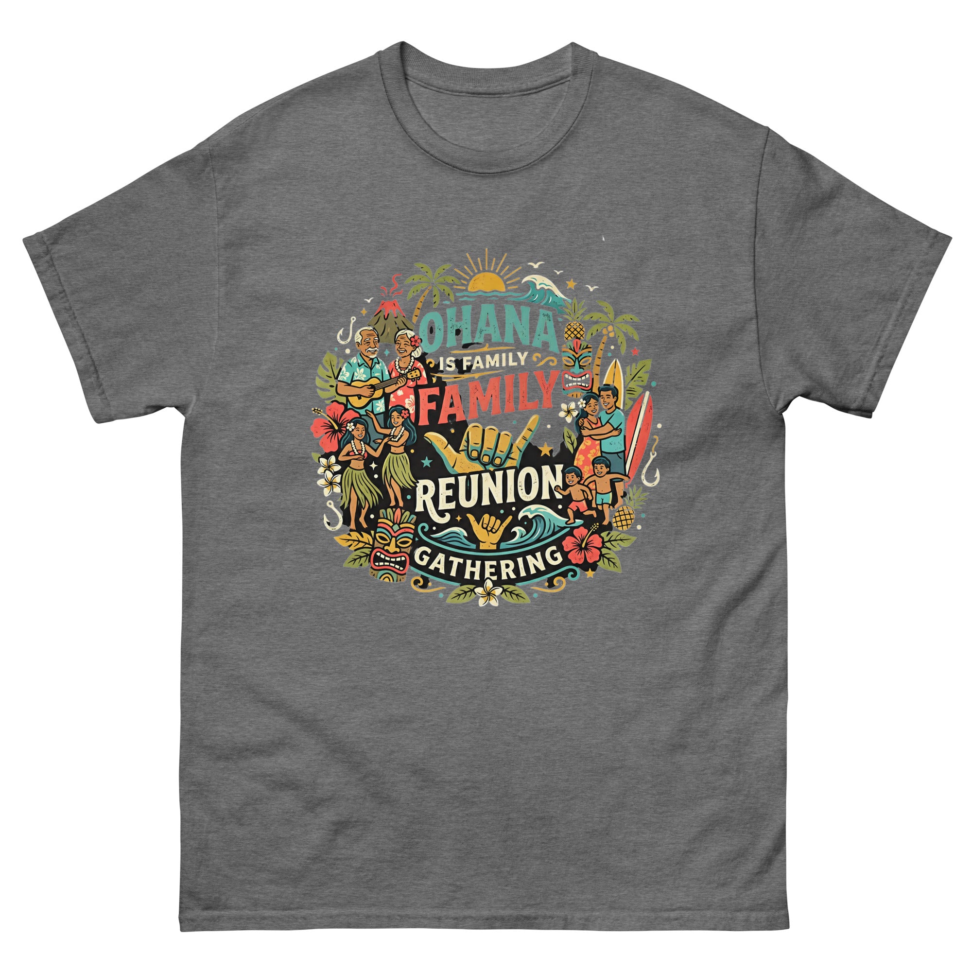Ohana Family Reunion Hawaiian t-shirt design on a Graphite Heather unisex tee