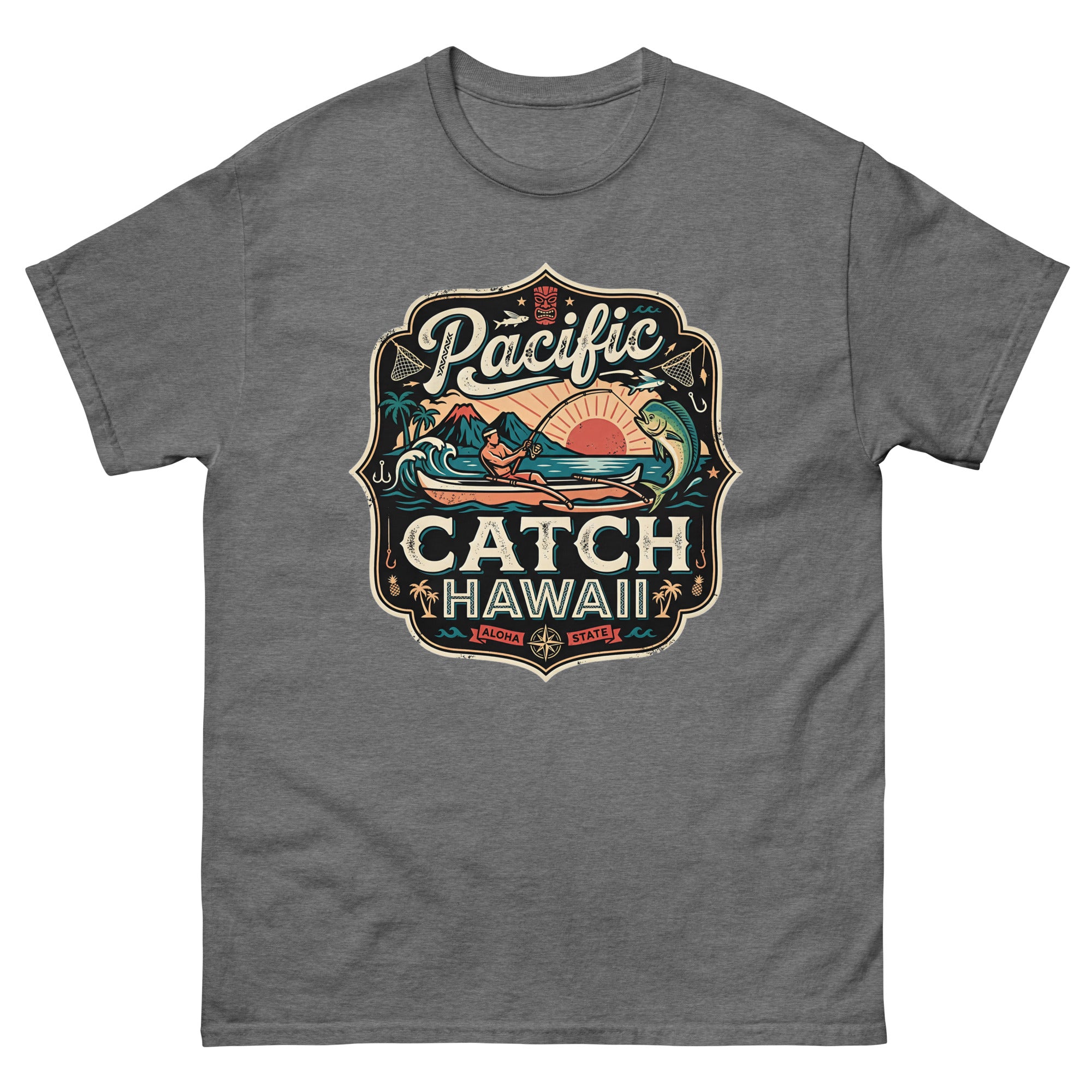 Pacific Catch Hawaii Hawaiian t-shirt design on a Graphite Heather unisex tee