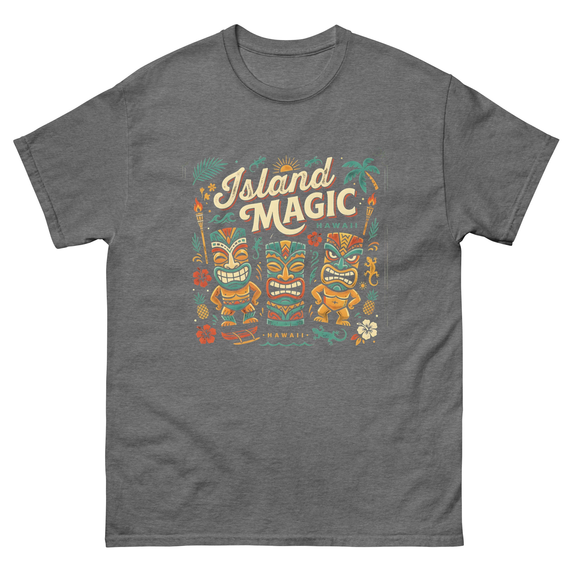 Tropical Tiki Nights v3 Hawaiian t-shirt design on a Graphite Heather unisex tee