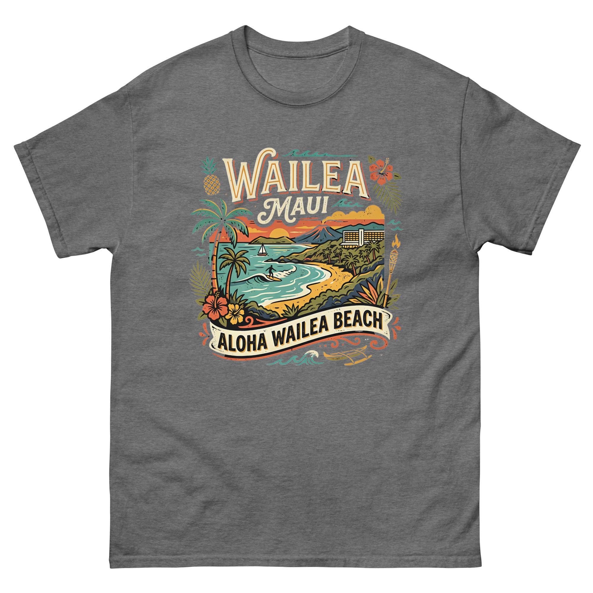 Wailea Maui Aloha Beach Hawaiian t-shirt design on a Graphite Heather unisex tee