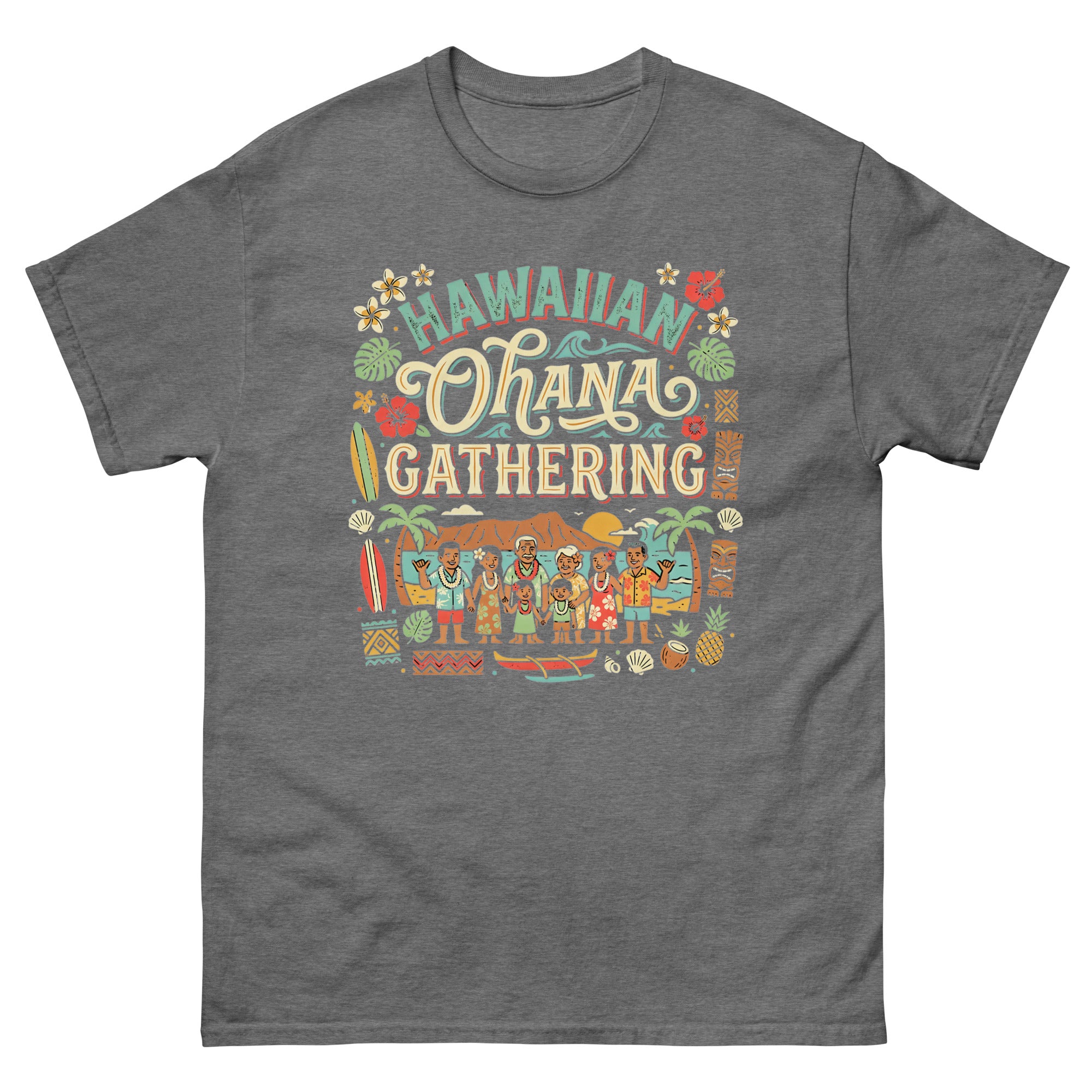 Ohana Family Reunion Gathering v3 Hawaiian t-shirt design on a Graphite Heather unisex tee