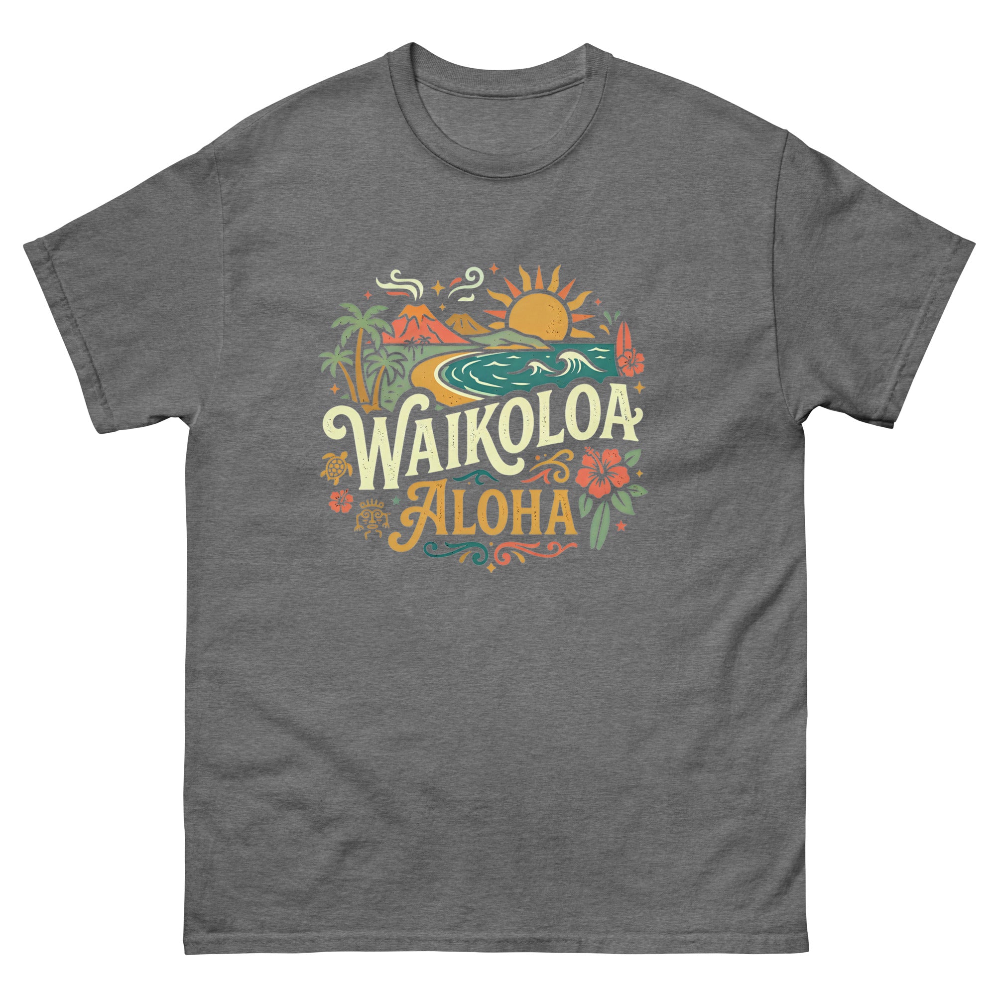 Waikoloa Aloha Hawaiian t-shirt design on a Graphite Heather unisex tee