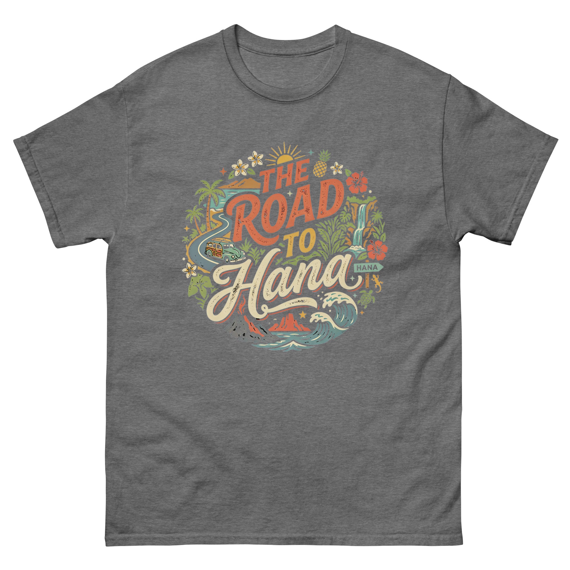 The Road to Hana Hawaiian t-shirt design on a Graphite Heather unisex tee