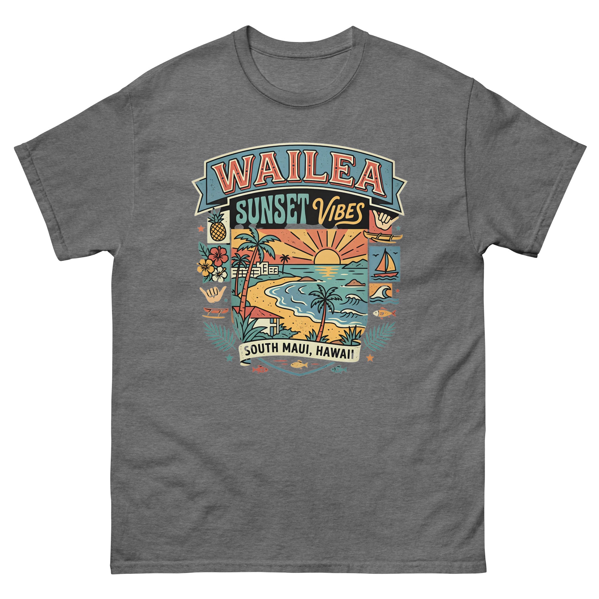 Wailea Maui Aloha Beach Hawaiian t-shirt design on a Graphite Heather unisex tee