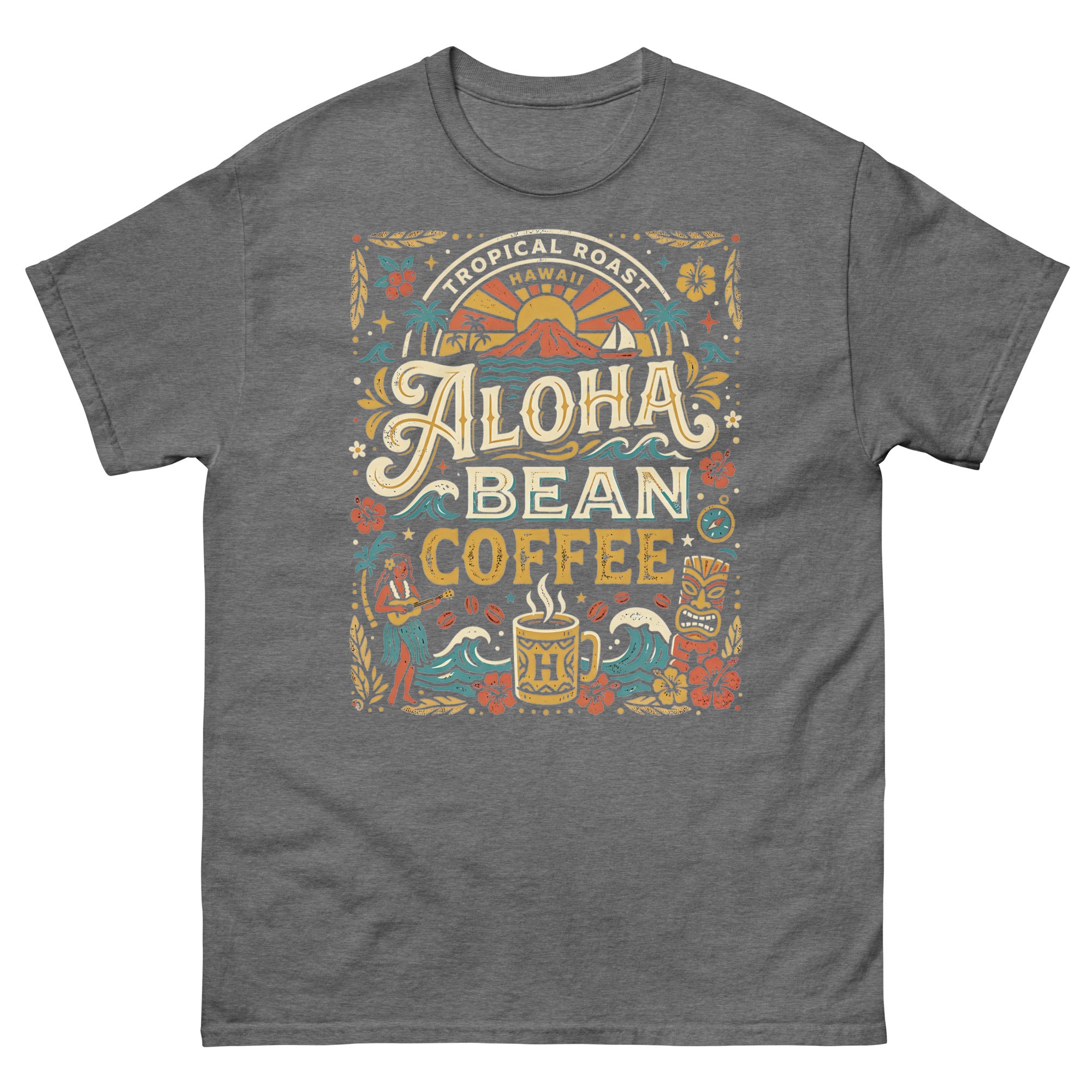 Tropical Roast Aloha Bean Coffee Hawaiian t-shirt design on a Graphite Heather unisex tee