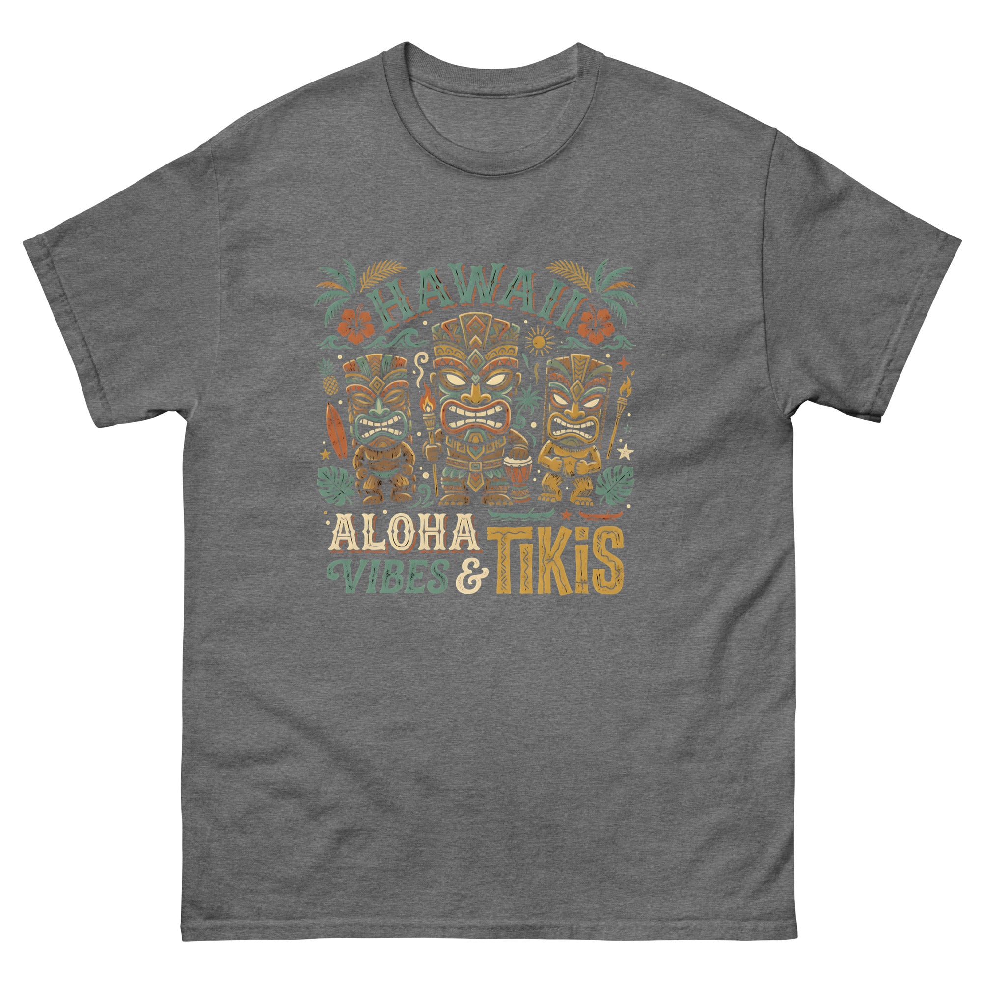 Tropical Tiki Nights v4 Hawaiian t-shirt design on a Graphite Heather unisex tee