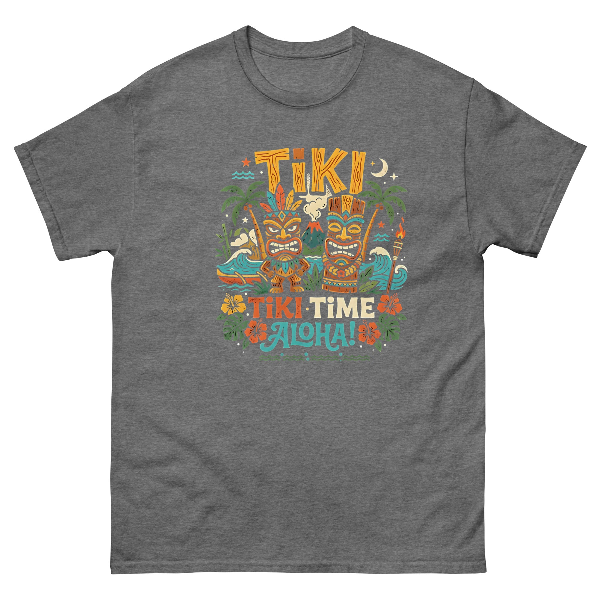Tropical Tiki Nights v2 Hawaiian t-shirt design on a Graphite Heather unisex tee