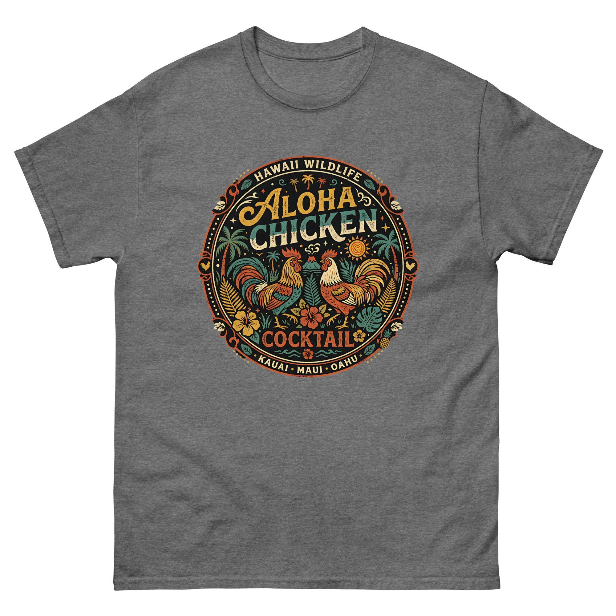 Aloha Chicken Kauai Hawaiian t-shirt design on a Graphite Heather unisex tee