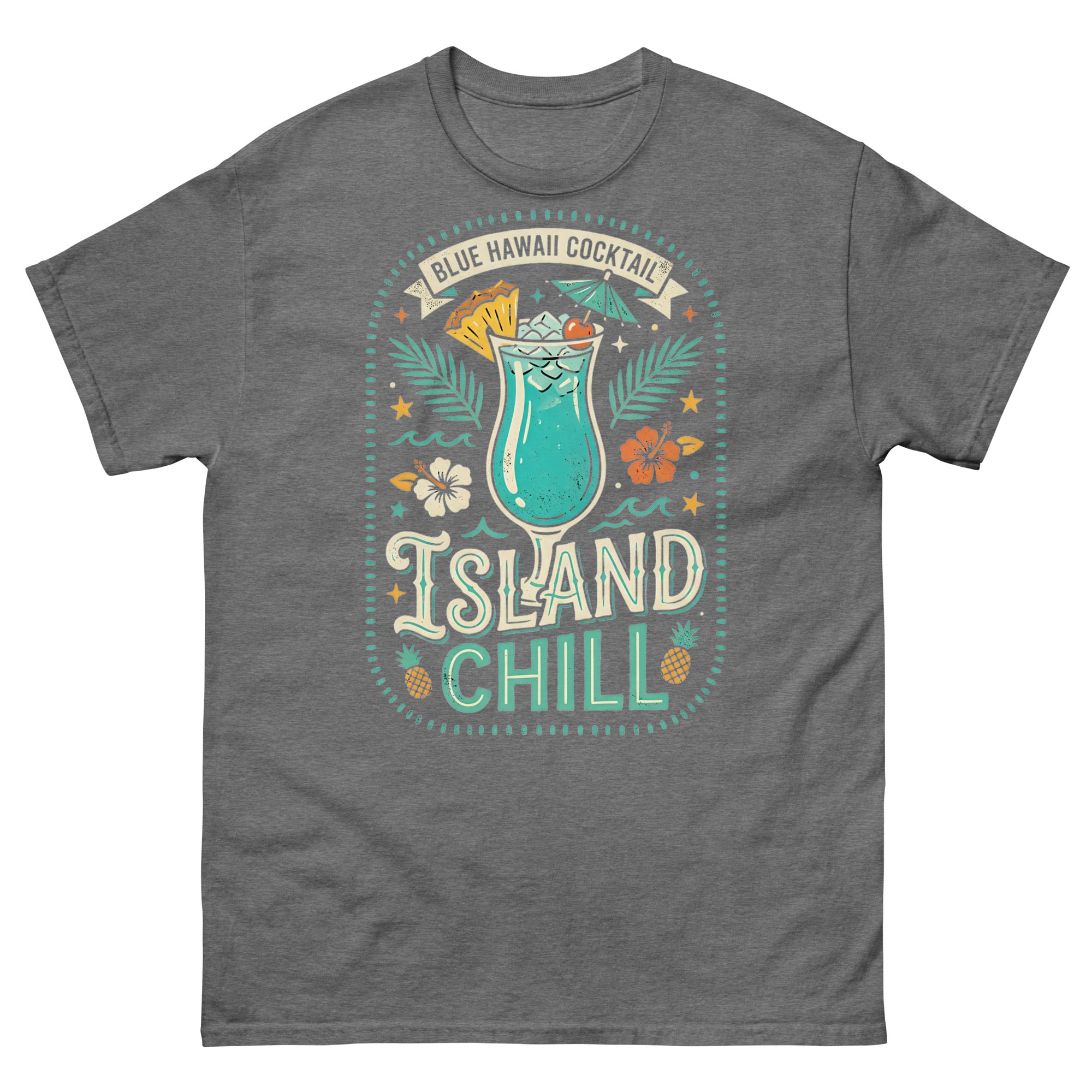 Blue Hawaii Island Paradise Hawaiian t-shirt design on a Graphite Heather unisex tee