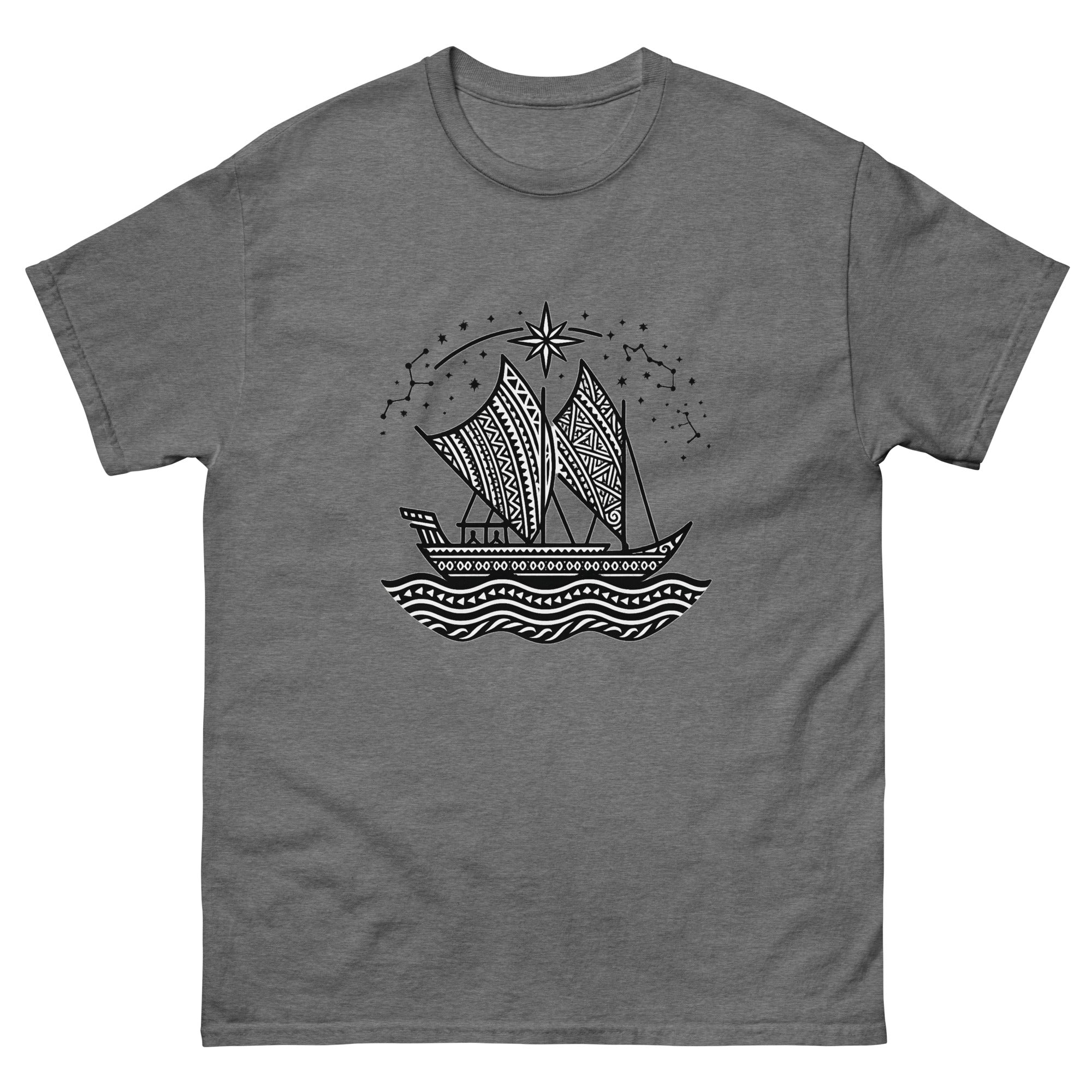Waa Kaulua Wayfinder Hawaiian Canoe T-Shirt Hawaiian t-shirt design on a Graphite Heather unisex tee