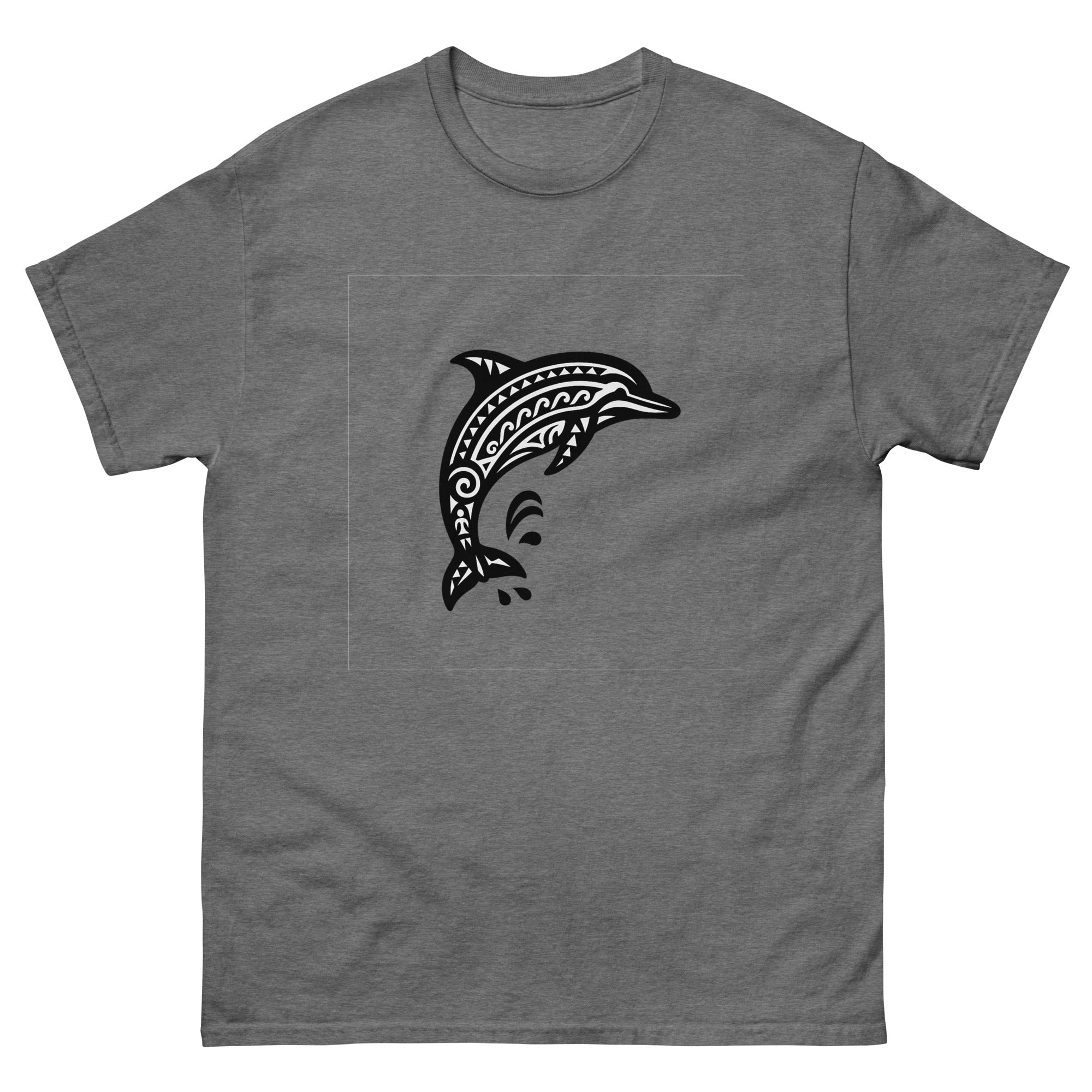 Naia Dolphin Hawaiian t-shirt design on a Graphite Heather unisex tee