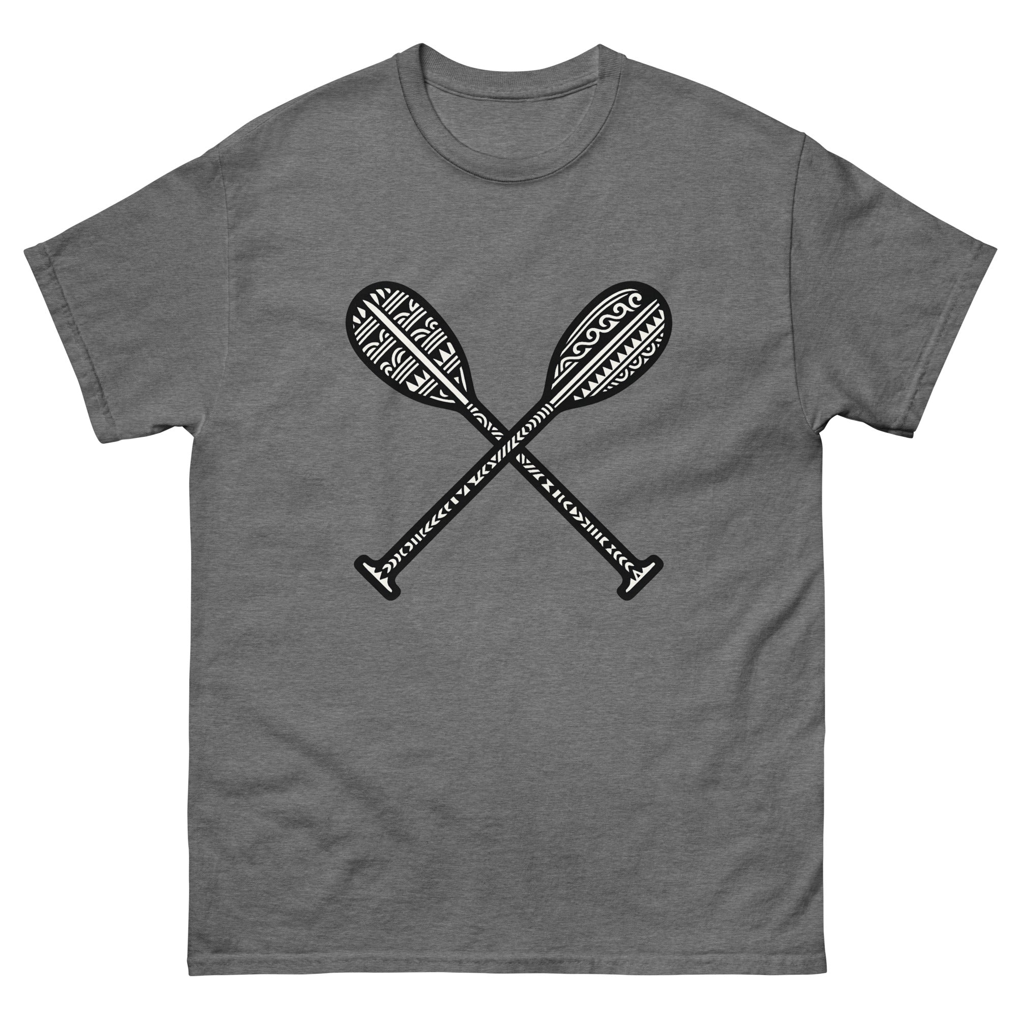 Hoe Paddle Hawaiian t-shirt design on a Graphite Heather unisex tee